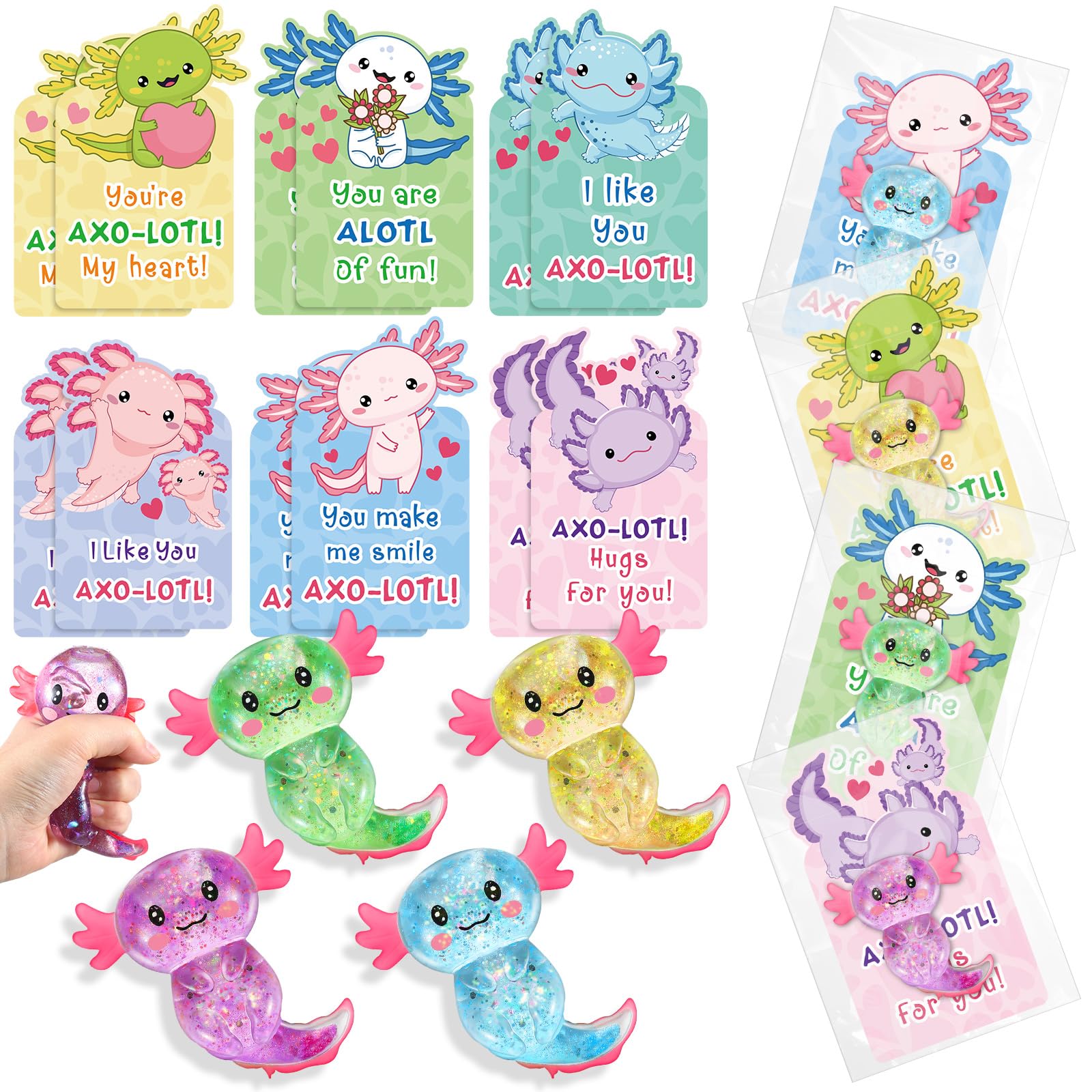 JellyArch 12 Sets Axolotl Valentine's Day Gifts for Kids Axolotl Stress Relief Fidget Toys with Cards Soft Valentines Gifts for School Classroom Exchange Party Favors