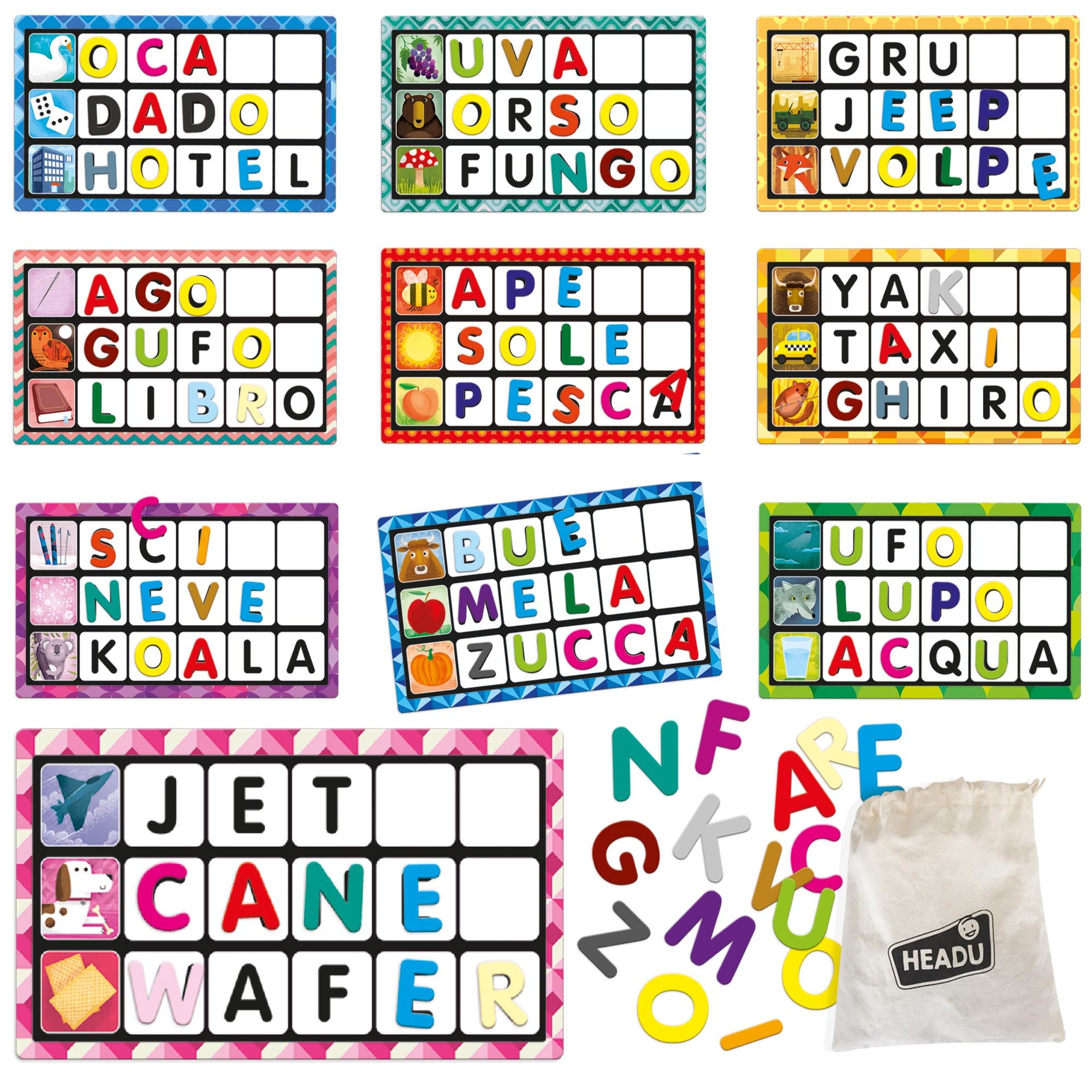 HEADU - Lettere E Parole Montessori - Tombola Tattile Per Imparare A Leggere E Scrivere | Gioco Educativo Per Bambini 3-6 Anni, Pesca le Lettere e Forma le Parole, Metodo Montessori, Made In Italy