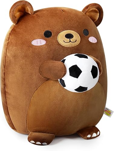 Onsoyours Peluche original de oso con pelota de fútbol, lindo oso marrón deportivo de 14 pulgadas, juguete de peluche coleccionable ultra suave para