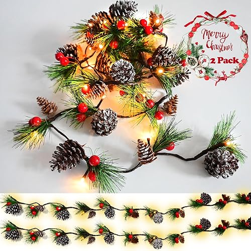 Guirnalda de luces de Navidad, paquete de 2 guirnaldas preiluminadas de 13 pies, 40 LED, guirnalda de piñas rojas con bayas rojas, guirnalda