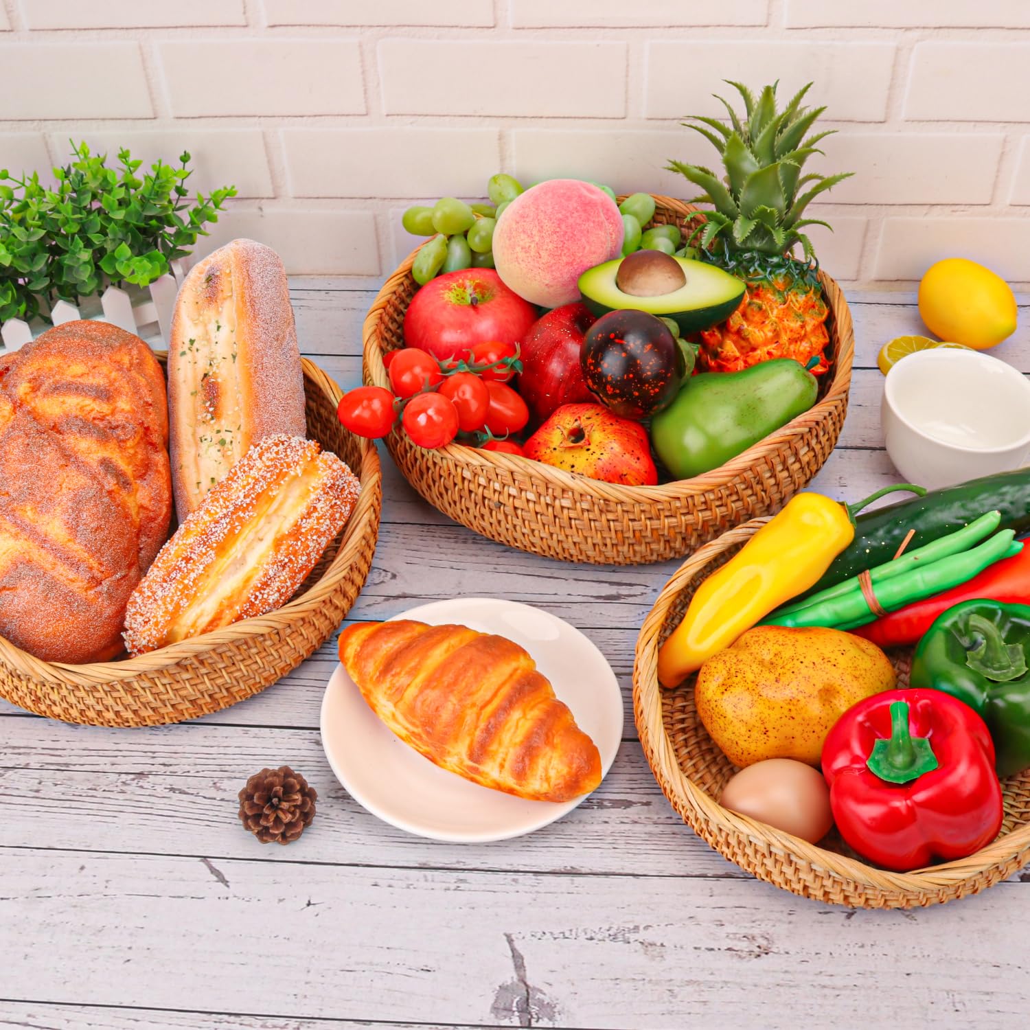 3 cestas de pan de ratán, 3 tamaños, auténticas cestas tejidas decorativas hechas a mano para cocina, cestas redondas de frutas, elegantes cuencos tejidos para servir mesa, decoración de