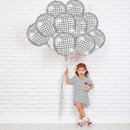 Miniatura 4 de Skylety 5 globos de bola de discoteca plateados de 22 pulgadas, gran lámina 4D, globo de espejo metálico láser grande para discoteca de los años 70,