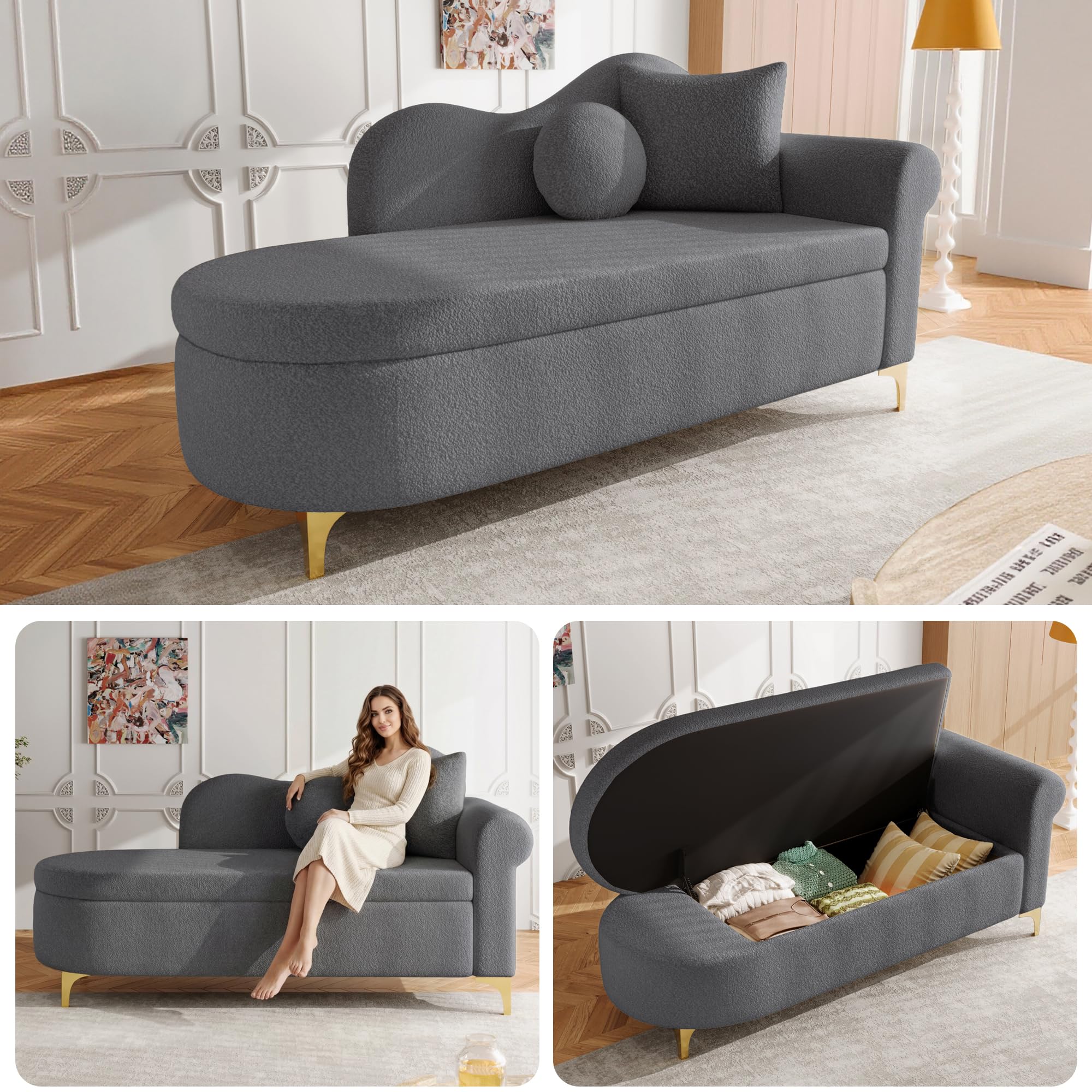 Merax Chaiselongue mit Stauraum, 134 cm Liege mit wellenförmiger Rückenlehne & Boucle-Stoff, hochdichter Schaumstoff, inkl. Lenden- & Nackenkissen, Retro-Look mit Massivholzrahmen, Grau