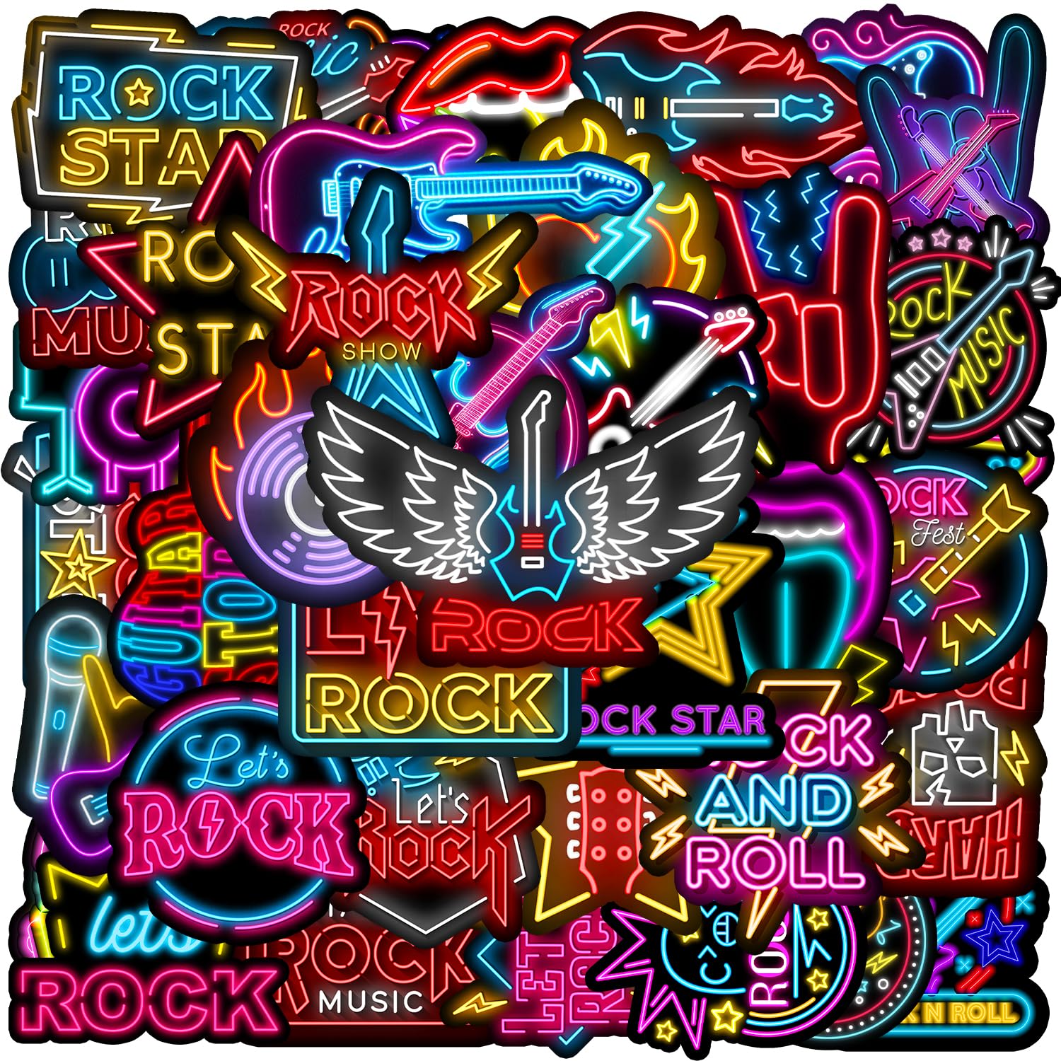120PCS Neon Rock and Roll Adesivi Rock and Roll Bomboniere Festa di Compleanno Decorazioni Vinile Impermeabile Adesivi per Bottiglia D'acqua Laptop Bagagli Casco
