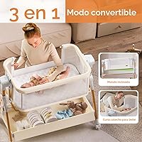 Vista 3 de Moisés de bebé 3 en 1, moisés de cabecera/mecedora para bebé, cuna de cabecera con ruedas bloqueables, colchón impermeable, 6 alturas ajustables