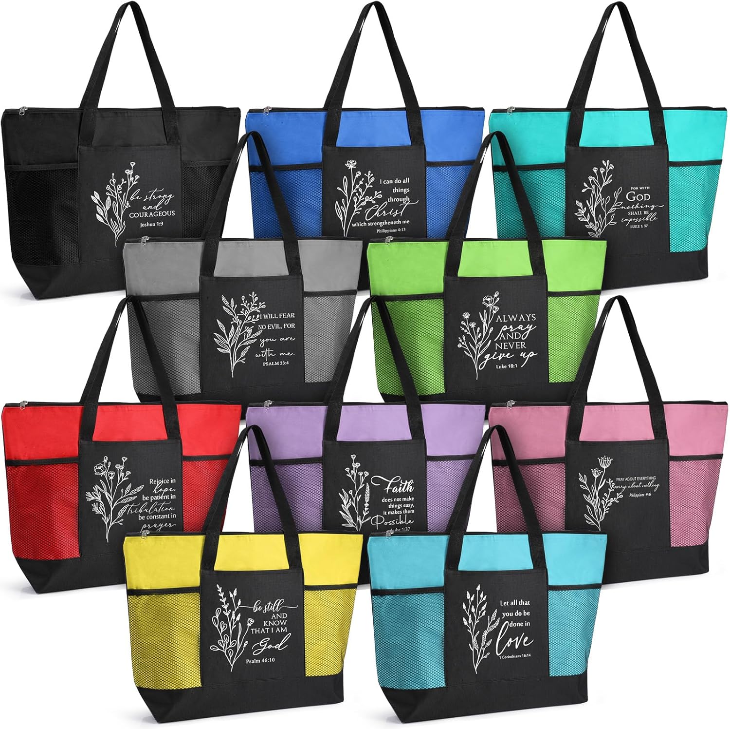 Paterr 10 Pcs Christian Tote Bags Bulk with Pocket Zipper for Women Bible Church Mothers Day Gifts(Colorful,Boho)