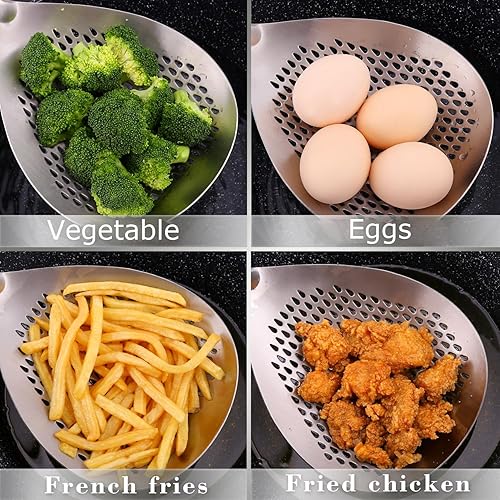 Miniatura 2 de Large Slotted Spoon with Long Wooden Handle - Lyveit 16 Inch Deep Frying Scoop with Hanging Holes, 304 Stainless Steel Fryer Skimmer Spoons for