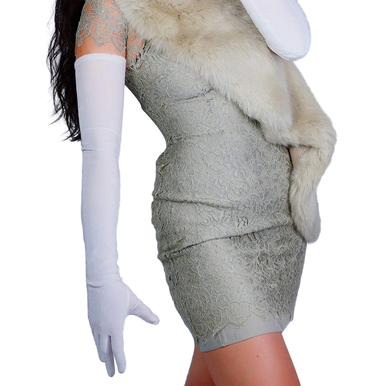 DooWay Super Long Velvet Gloves for Women Shoulder Length Stretchy 1920 Flapper Opera Party Evening Gloves, White, M