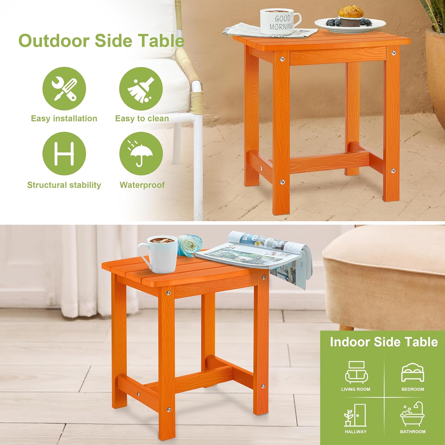 Y&M Outdoor Side Table, HIPS Adirondack Small Single Table, Waterproof Square Outside Table, Balcony Modern End Tables for Patio, Pool, Beach, Porch, Deck, Indoor or Outdoor Use, Orange