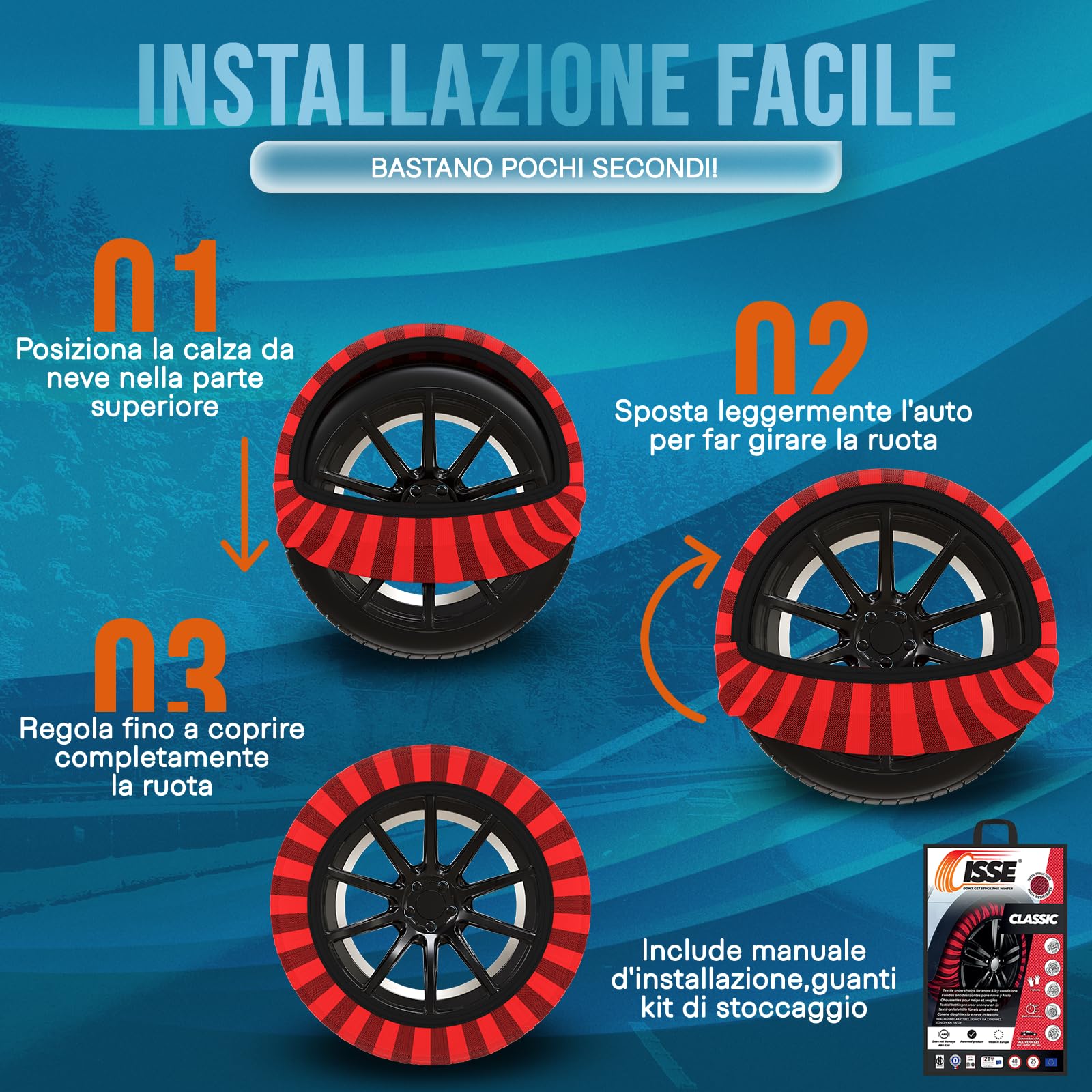 ISSE Calze da Neve Omologate Italia EN 16662-1 – 2 Catene da Neve in Tessuto per Auto Facili da Installare - Resistenti - Guanti Inclusi T70