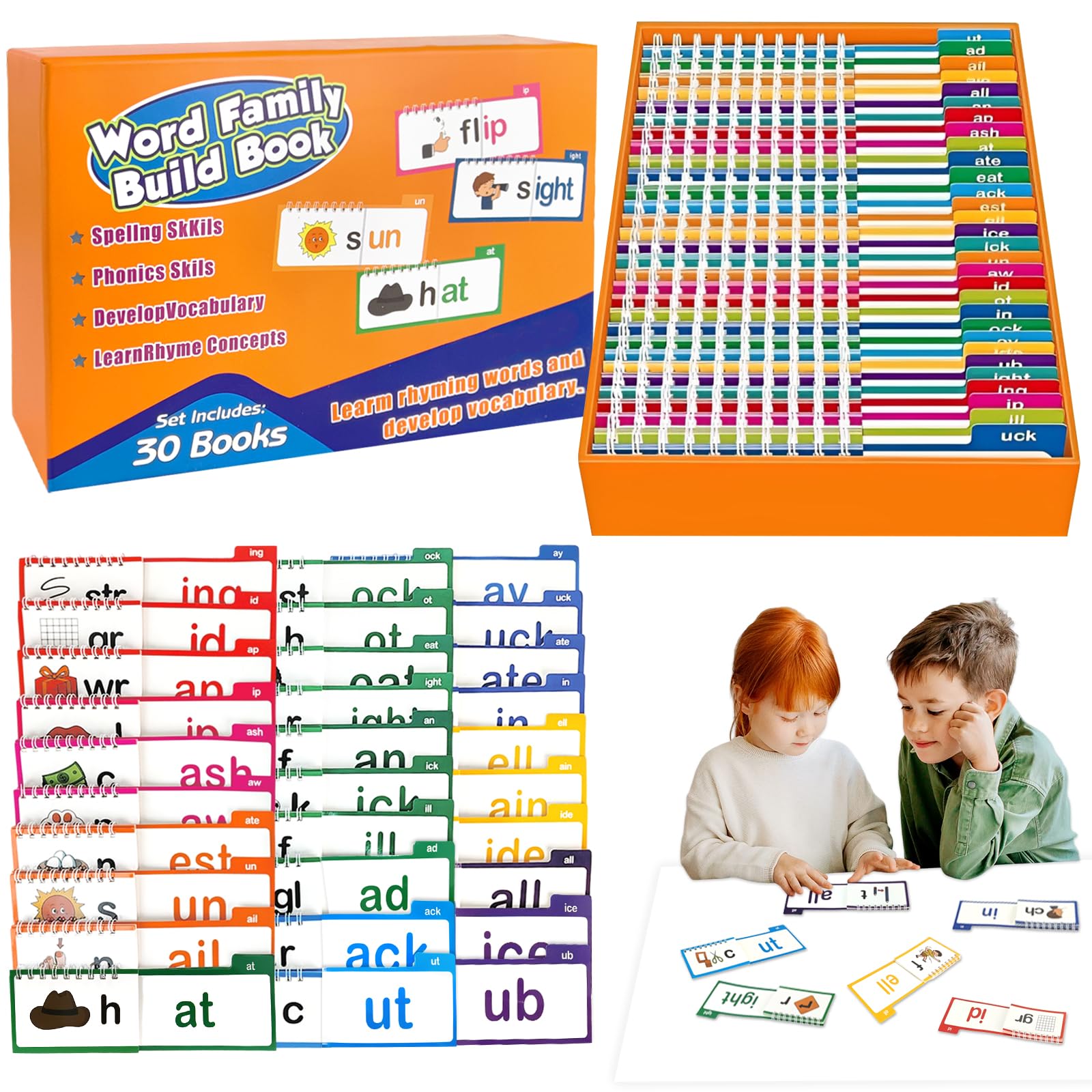30 Read and Rhyme Flip Books,Word Families Flash Cards,Reading And Rhyming Words Abc Vocabulary Flash Cards for Education,Reading,Interaction,Sight Words Flash Card For Toddlers & Preschoolers