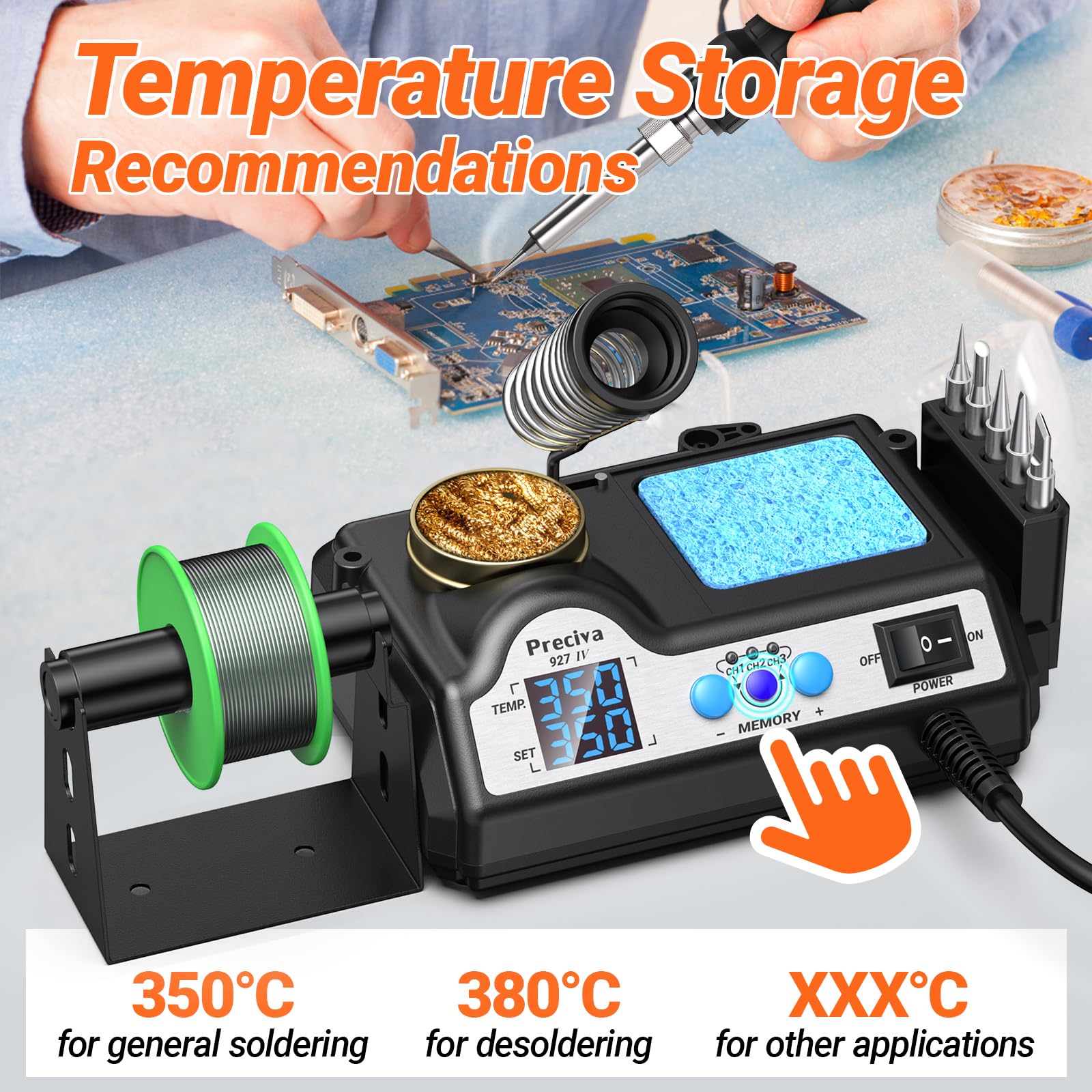Fer a Souder, Preciva 927IV Station de Soudage avec Loupes et Deux Clips Auxiliaires, 130W Double LCD 90-480℃ Ajustable, Fers à Souders Etain avec 5 Têtes, Fonction Sommeil et Contrôle du Thermostat
