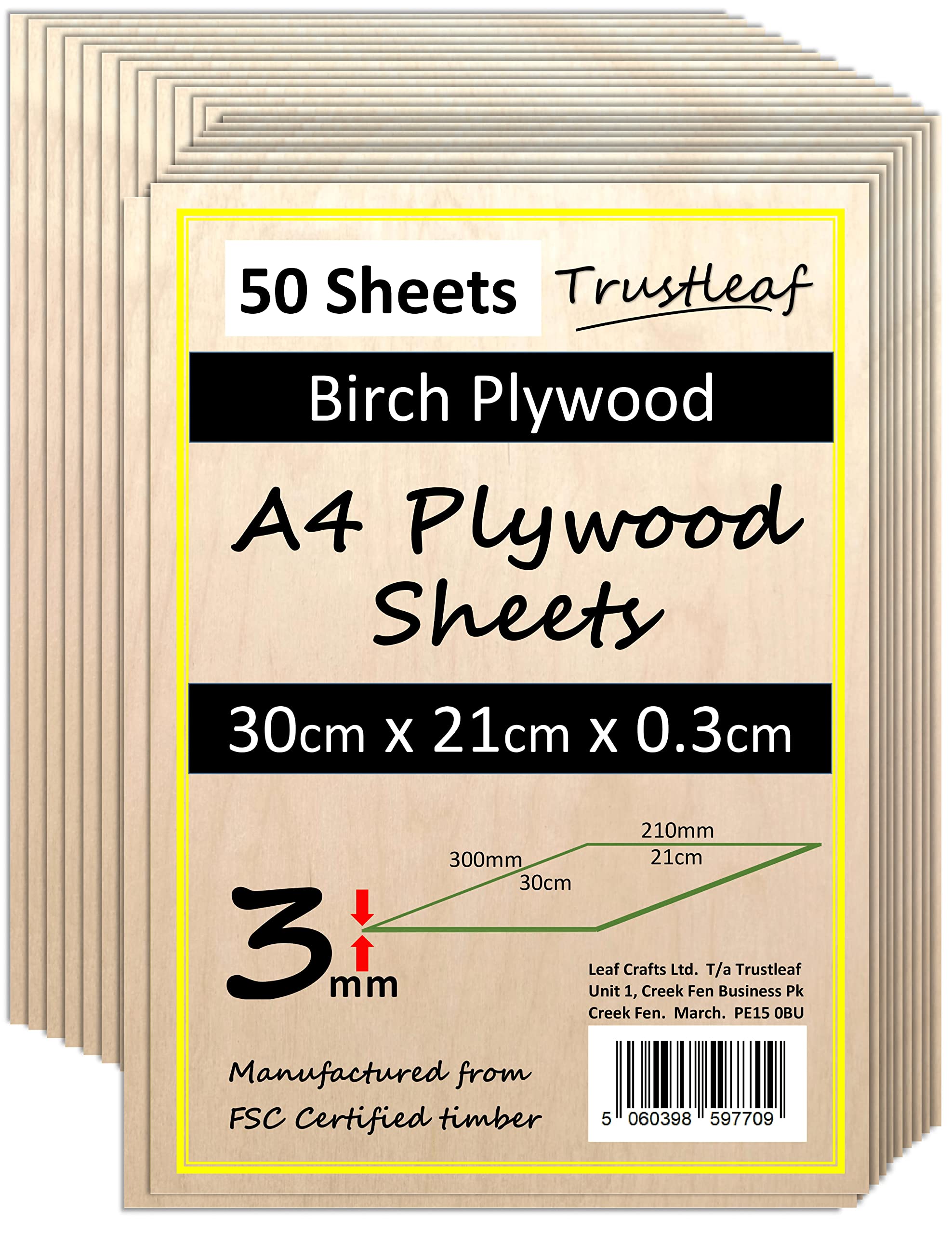 Trustleaf 3mm Birch Plywood A4-300x210x 3mm - (Pack of 50) Laserable Low Fume E1 Glue Ply