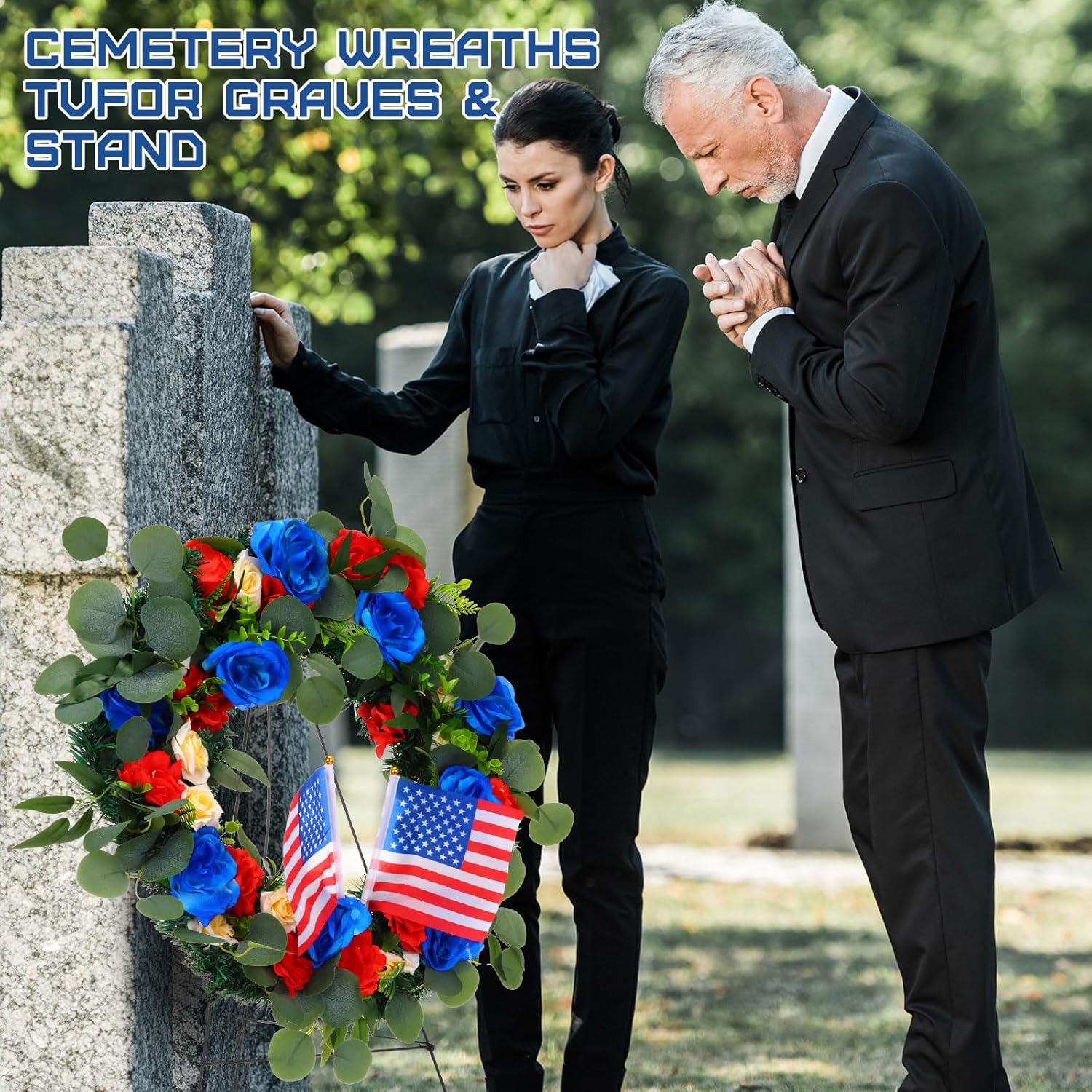 Crowye 2pcs Memorial Day 4th of July Grave Wreaths with Stand Set 23. 62in Cemetery Wreaths 30in Easel Patriotic Gravestone Headstone Independence Day Decor(USA Flag Style)