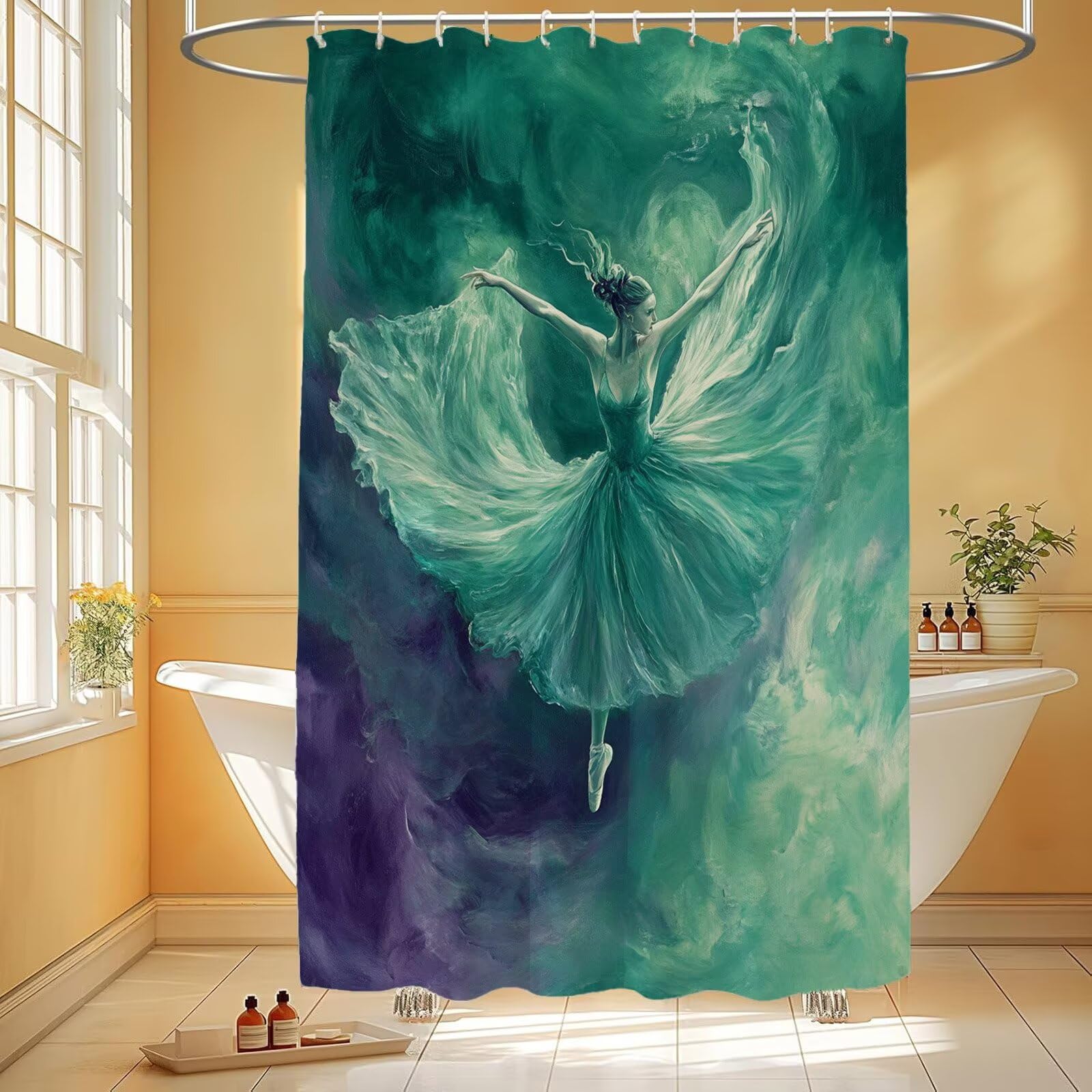 Duschvorhang 180x240 cm, Shower Curtains Grün, Duschvorhänge Ballett Wasserabweisend, Antischimmel, Waschbar Extra Breit Polyester Stoff Badevorhänge mit 12 Ringe, für Badezimmer, Badewanne 9Q-335