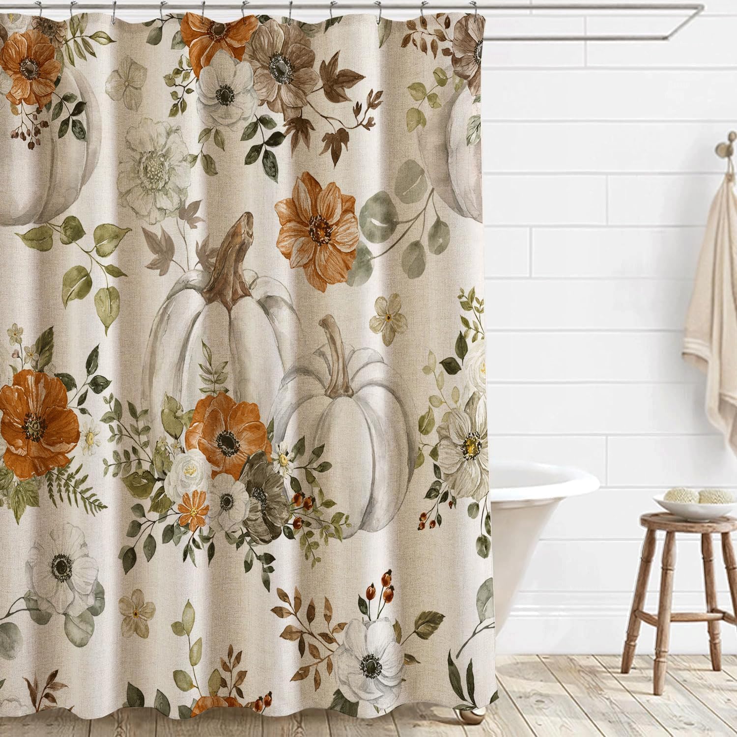 Fall Floral Pumpkins Linen Shower Curtain Autumn Botanical Fabric Shower Curtain Set with Hooks, Thanksgiving Harvest Shower Curtains for Bathroom, 71x84 Bath Curtain