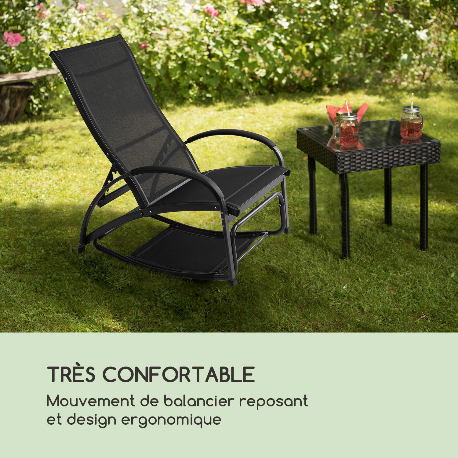 blumfeldt Beverlywood - Chaise Longue, Fauteuil à Bascule, Facile à Nettoyer, Cadre en Aluminium, Design Ergonomique, Comfort Mesh Respirant, 4 Positions, Noir