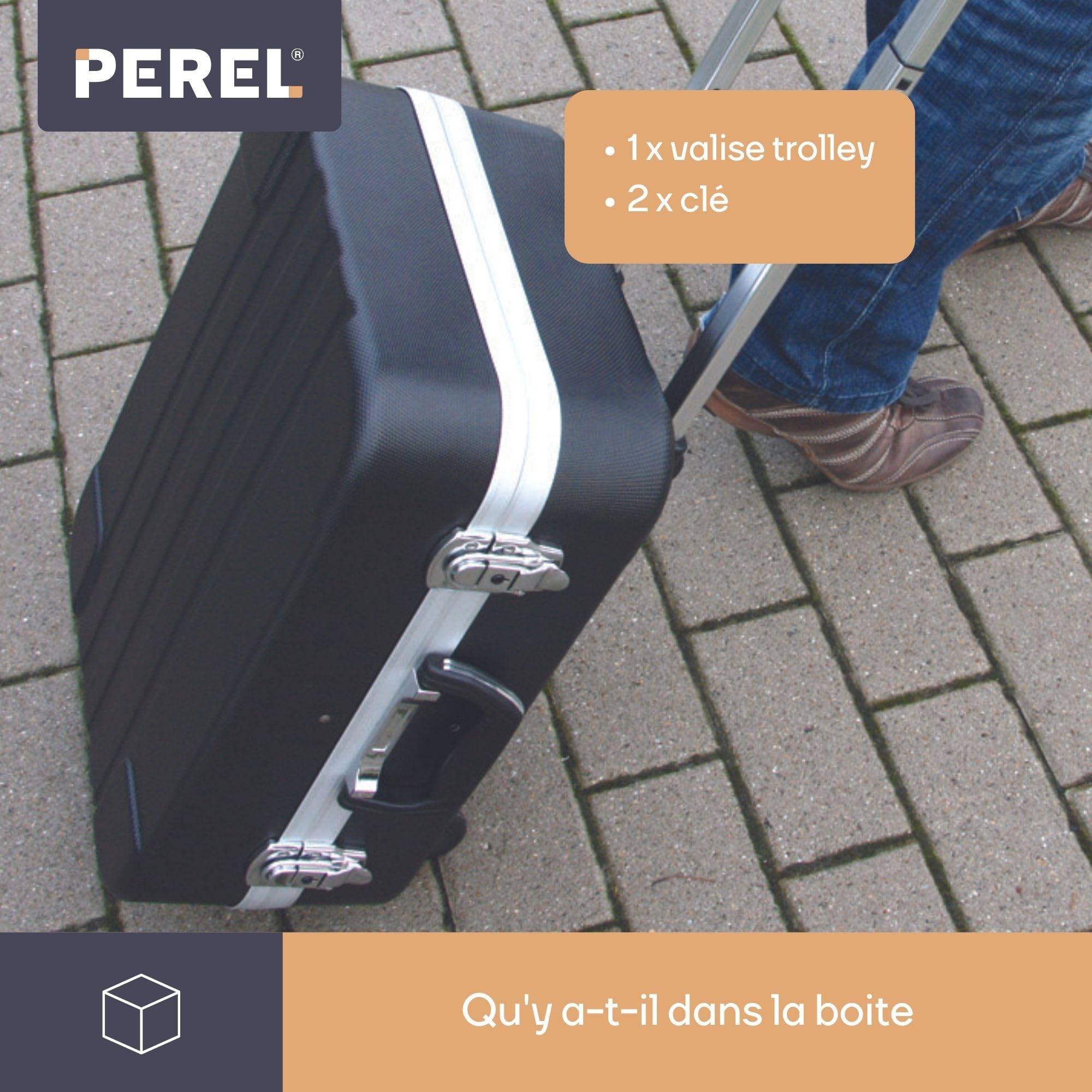 Perel Mallette à outils mobile, poignée télescopique, porte-outils, séparateurs amovibles, verrouillage par clé, 2 clés, ABS, noir, 461 x 335 x 190 mm
