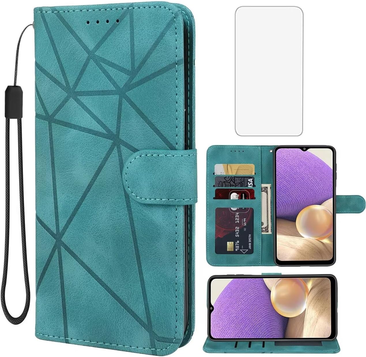 Case for Galaxy A32 5G Case, Samsung M32 5G SM-A326 Wallet Case with Tempered Glass Screen Protector, Leather Flip Credit Card Holder Stand Phone Cover for Samsung Galaxy A32 5G Green