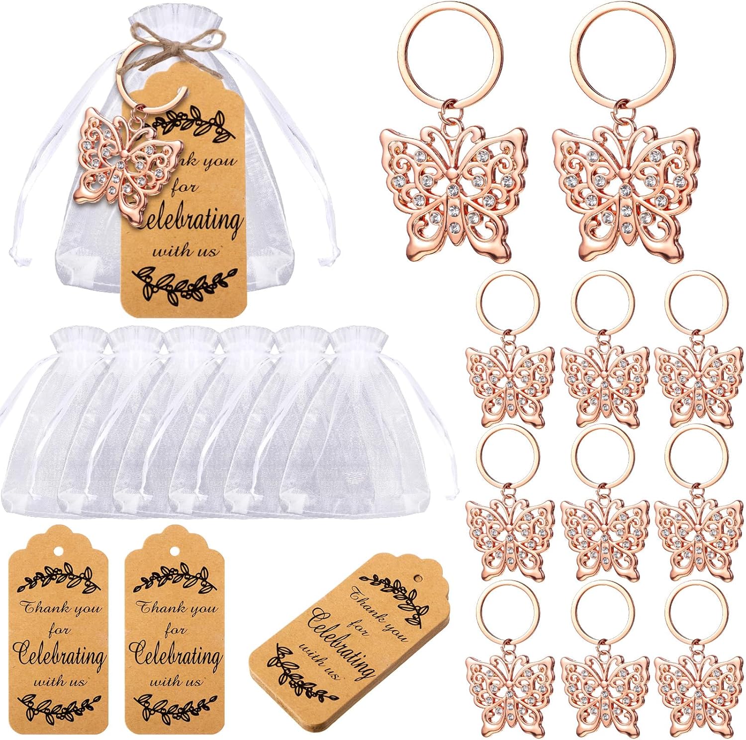40 Set Butterfly Keychain Party Favor Bulk Butterfly Keyring Charm Accessories Souvenir Present Kraft Tag Organza Bag for Guest Baptism Bridal Baby Shower Wedding Mother Gift Supply (Gold)