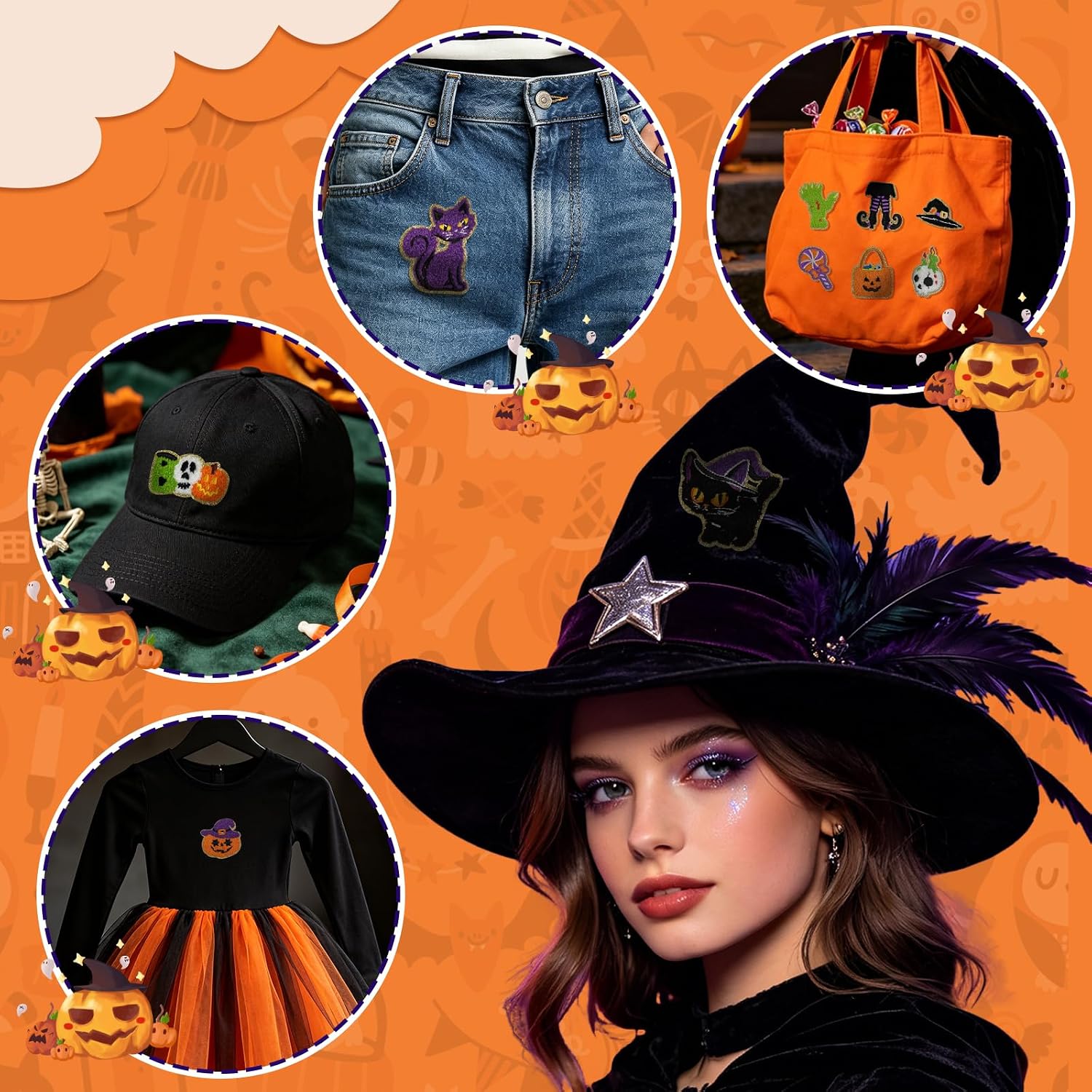 50Pcs Halloween Iron on Patches Chenille Boo Witch Pumpkin Patches