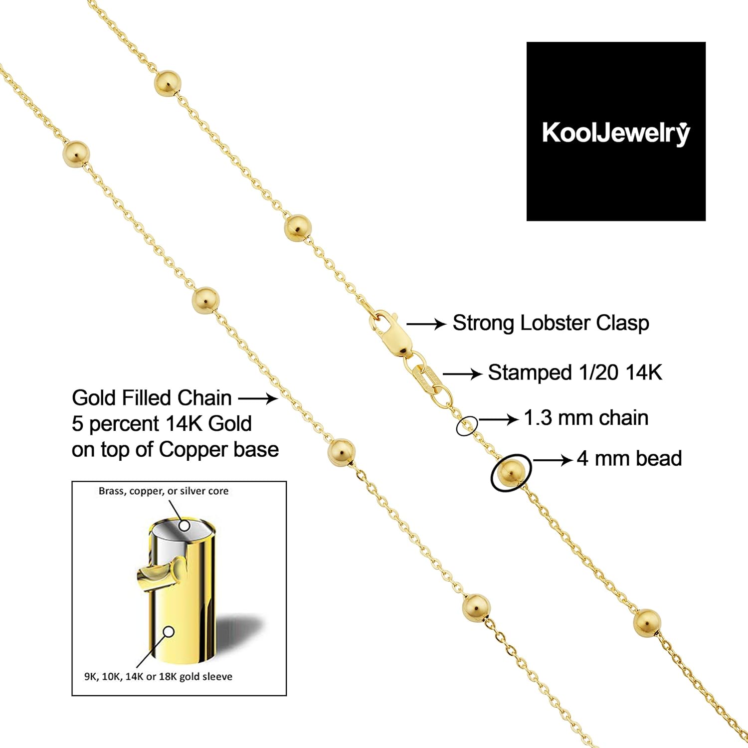 14k Yellow Gold Filled 4 mm Ball Station Satellite Necklace for Women (16, 18, 20, 24 or 30 inch)