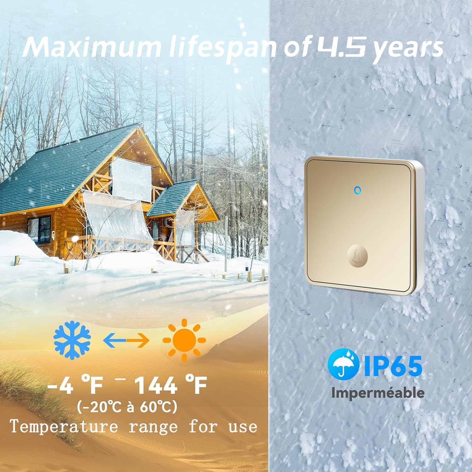 Genérico Timbre inalámbrico autoalimentado sin batería, IP65, Impermeable, Kit de Enchufe inalámbrico, 2 receptores, 1 botón Grande en el Panel, 60 timbres Fuertes y luz LED para el hogar,