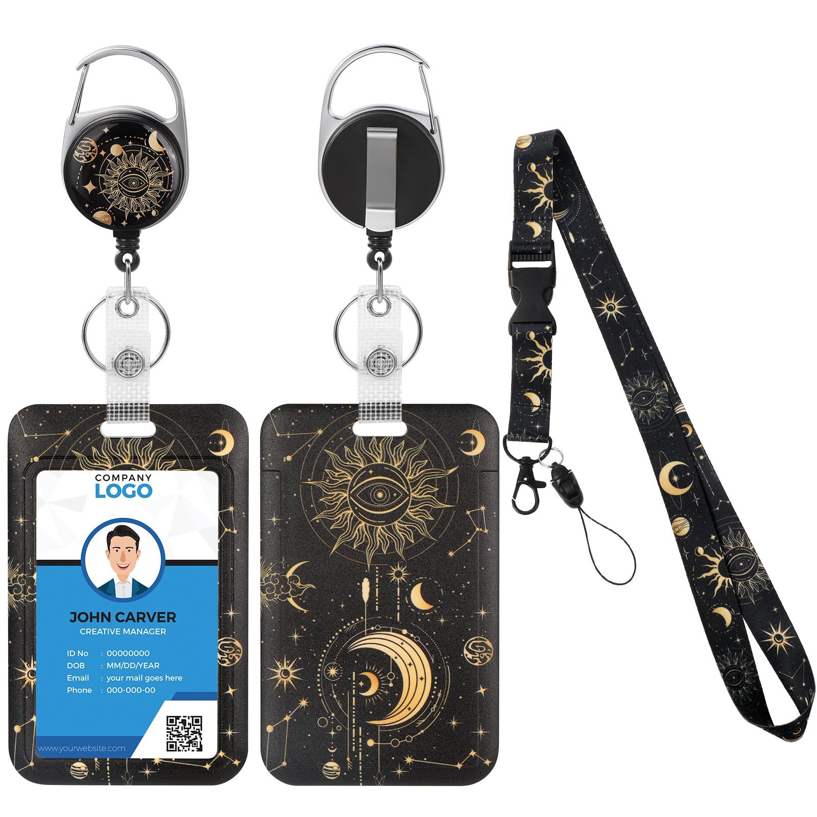 Badge Holder with Lanyard, Sun Moon ID Card Holder Retractable Badge Reel with Carabiner Clip, ID Card Protector Cute Breakaway Lanyard for Student Teacher Nurse Office Employee