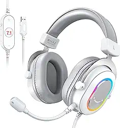 FIFINE USB Gaming Headset, fones de ouvido PC com fio com microfone para computador/laptop, over-ear RGB headset com som surround 7.1, cancelamento de ruído para streaming de vídeo game - H6 branco
