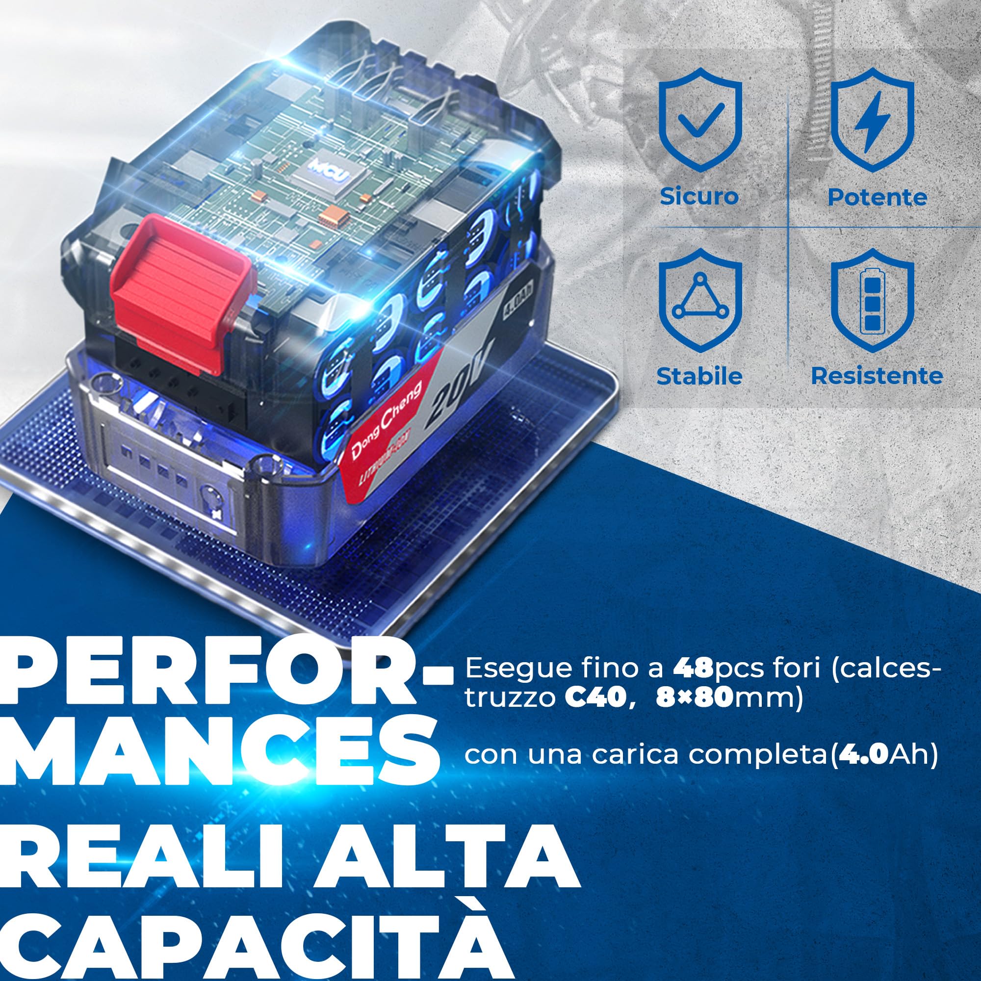 DongCheng Tassellatore a Batteria 18V, Perforatore Senza Spazzole 2.8J, 4 Punte SDS-Plus, Foratura 28mm, Anti-Vibrazione, Kit con Batteria 4Ah e Caricabatterie in Valigetta