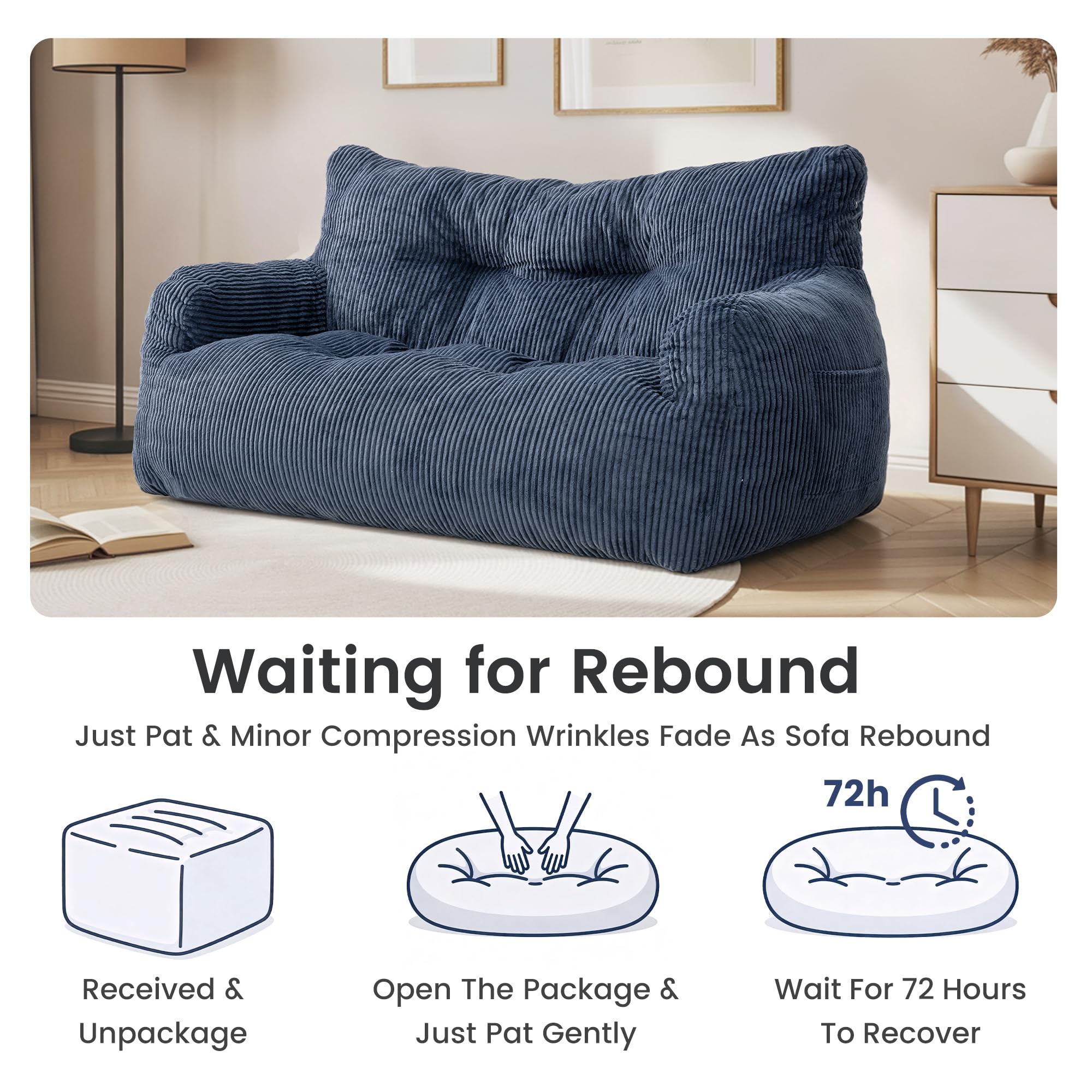 Pamapic Pouf pour Adulte avec Rembourrage, Double Fauteuil de Salon avec poignée Portable, Ergonomique, Moderne, pour Salon, Chambre à Coucher, Salle de Jeux, Bleu