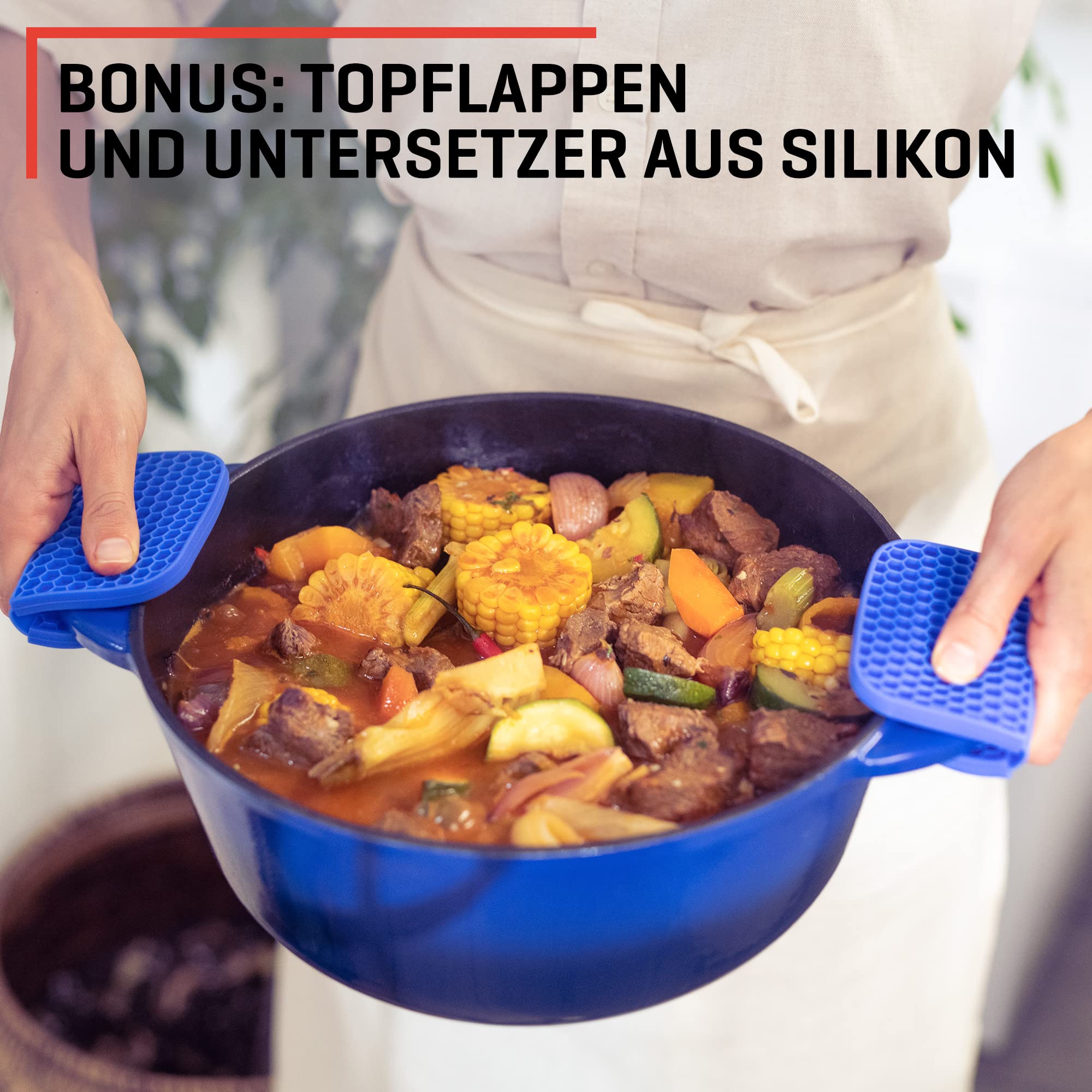Uno Casa Blau Emaillierter Dutch Oven Gusseisen Topf - Dutch Oven 6 Liter Bräter mit Deckel, Langlebig, Natürliche Antihaft-Emaille-Beschichtung mit Silikongriffen und Untersatz