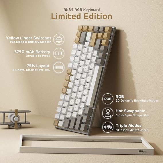 RK ROYAL KLUDGE RK84 RGB Limited Ed, 75% Triple Mode BT5.0/2.4G/USB-C Hot Swappable Mechanical Keyboard, 84 Keys Wireless Gaming Keyboard, RK Yellow Switch, Macchiato White