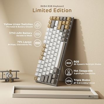 RK ROYAL KLUDGE RK84 RGB Limited Ed, 75% Triple Mode BT5.0/2.4G/USB-C Hot Swappable Mechanical Keyboard, 84 Keys Wireless Gaming Keyboard, RK Yellow Switch, Macchiato White