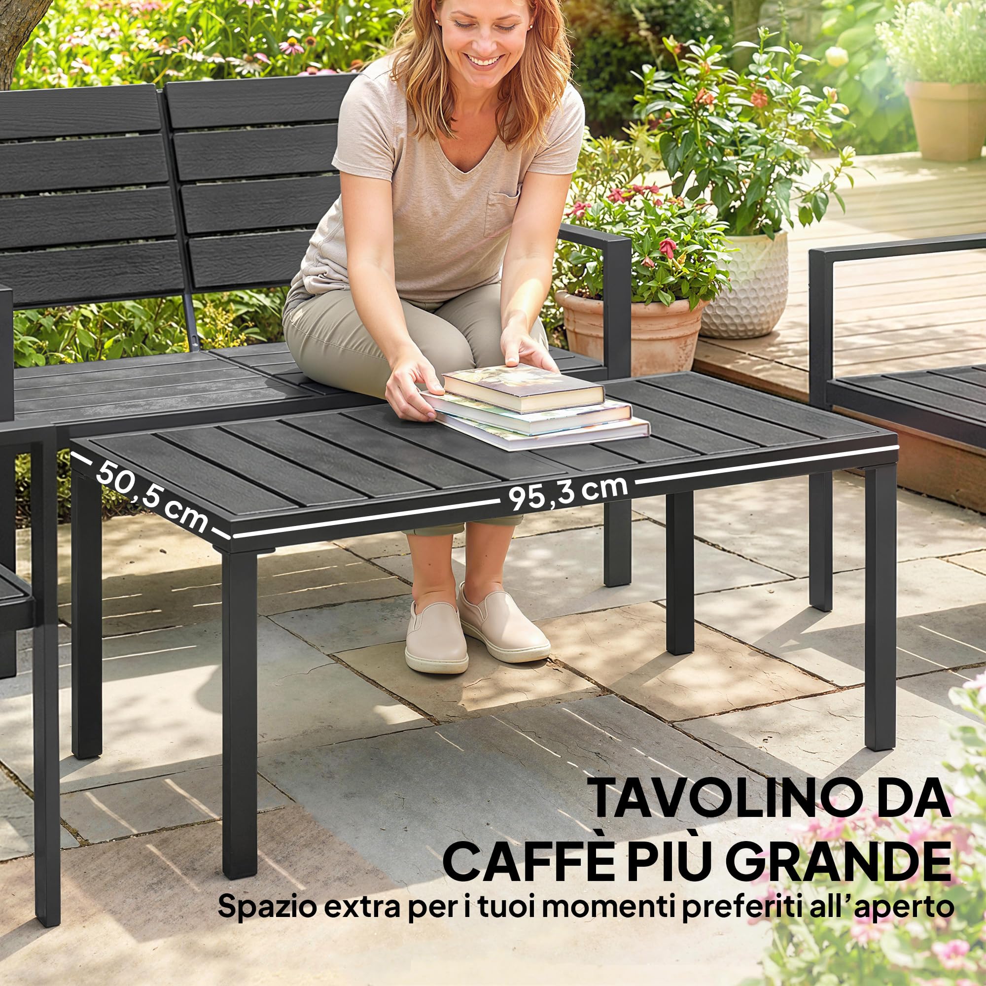 Outsunny Set Salotto da Giardino 4 Pezzi, Set di Mobili da Giardino in HDPE con Tavolino da Caffè, Divanetto da Esterno a 2 Posti, 2 Poltrone, Struttura in Metallo, Salottino da Esterno Balcone, Nero