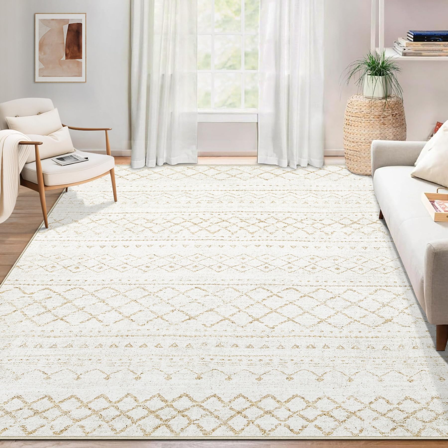 Area Rug for Living Room 6x9: Large Washable Boho Moroccan Rugs Geometric Neutral Rug, Non-Slip Foldable Morden Farmhouse Indoor Floor Carpet for