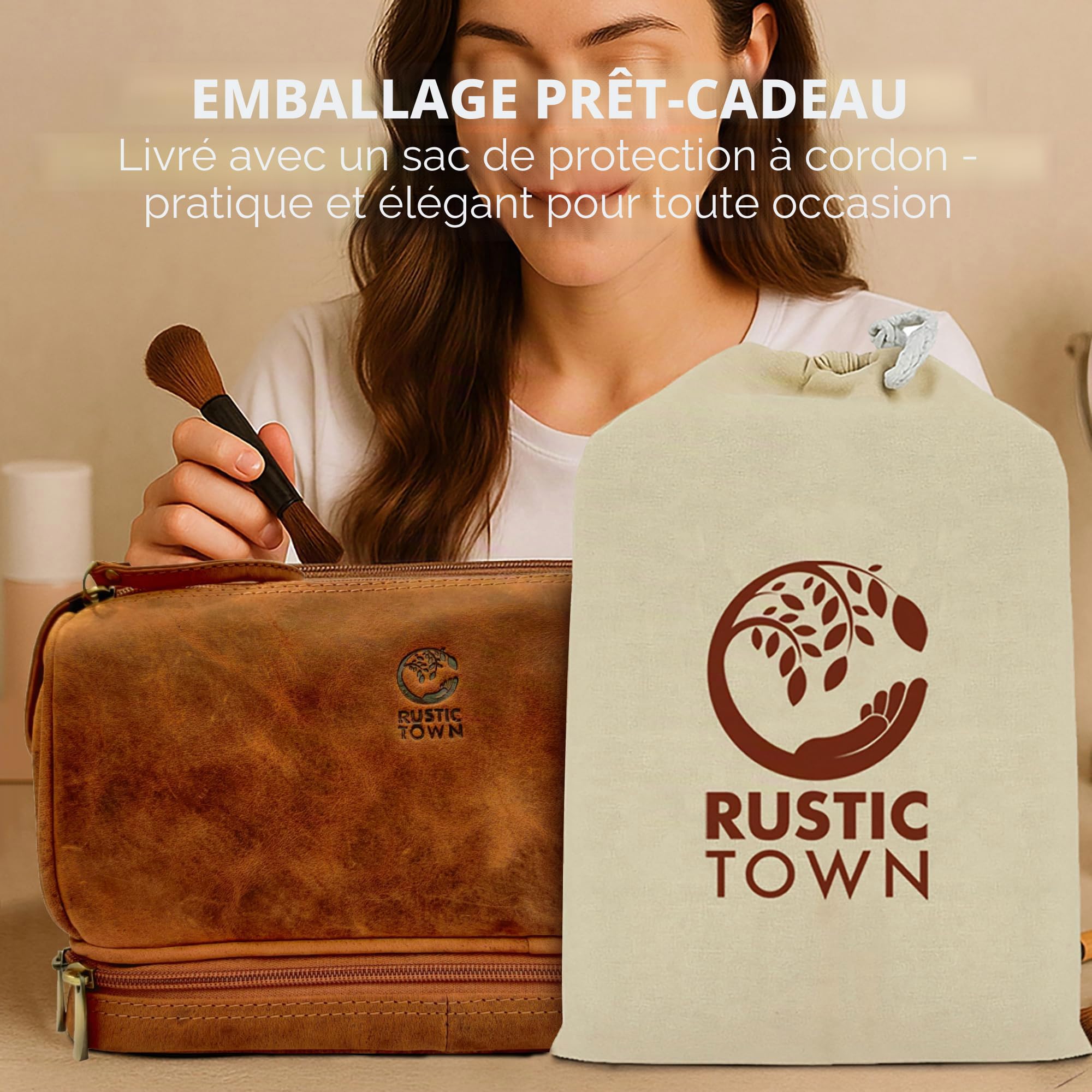 Trousse de Toilette Homme Cuir - Sac de Voyage Pleine Fleur Rasage, Marron | 2 compartiments, fermeture YKK, bagage cabine, organiseur rasage & parfum, doublure résistante à l’eau, Vintage cadeau femme