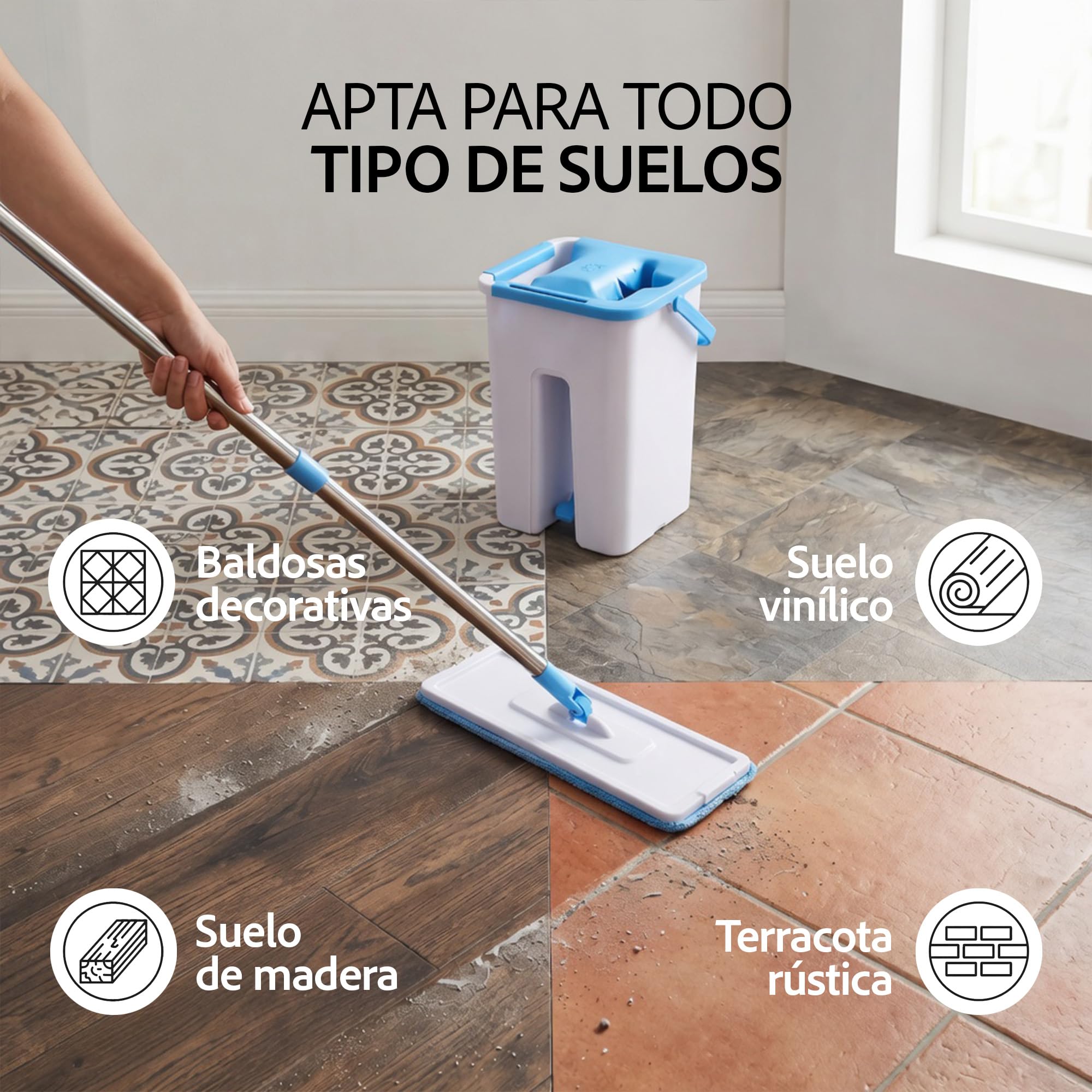 Mopa Fregar Suelo con Cubo Escurridor Sistema Limpieza Plano con Microfibra Absorbente Mango Giratorio 360 Limpieza Facil Sin Esfuerzo Hogar Suelos Cocina Baño Reutilizable