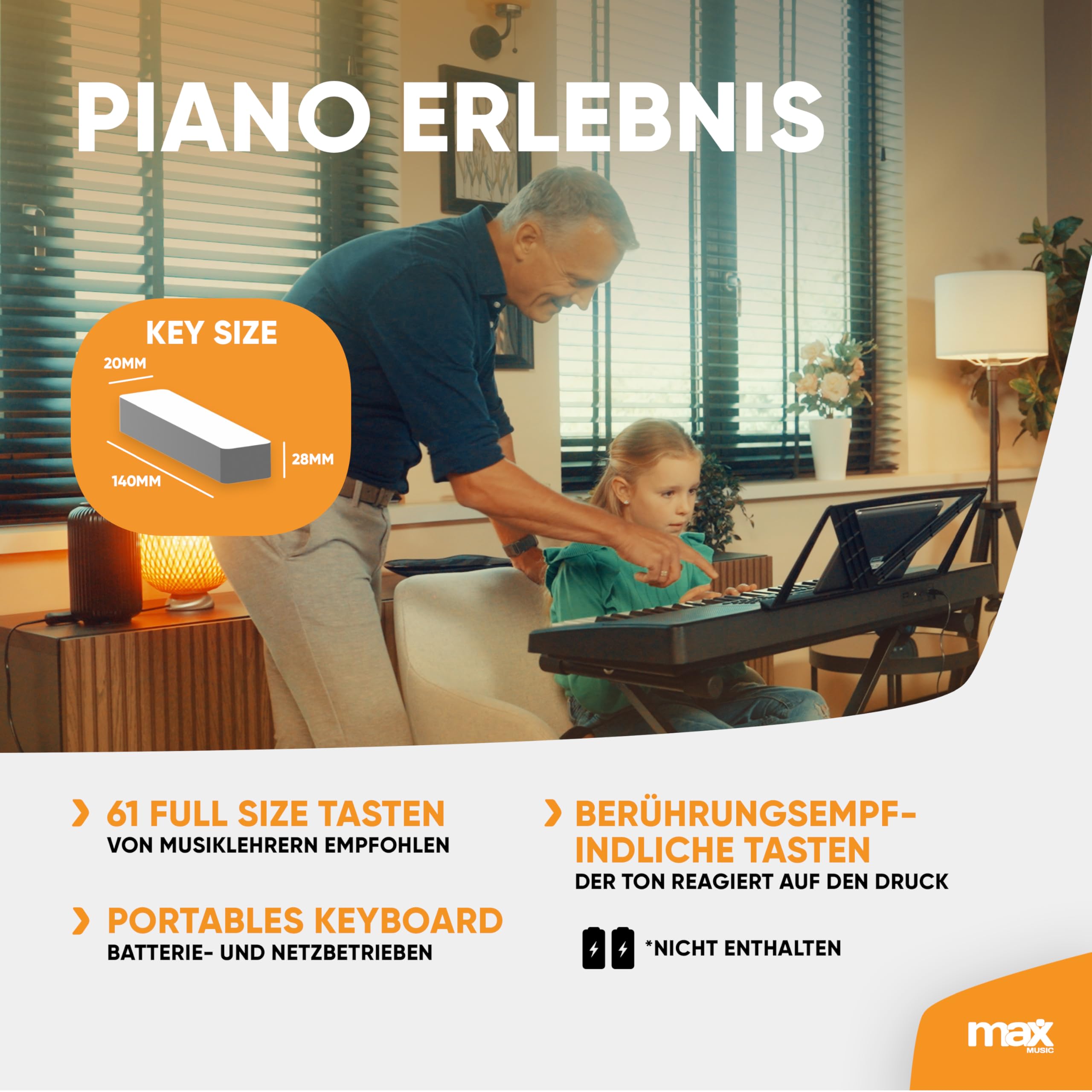 MAX Rhapsody61M - MIDI Keyboard Piano mit 61 Tasten mit Ständer und Kopfhörer, Anschlagdynamik, LCD Display, 8h Akku, 40 Demo-Songs für Anfänger, Piano Keyboard Lern-Funktion, 300 Sounds