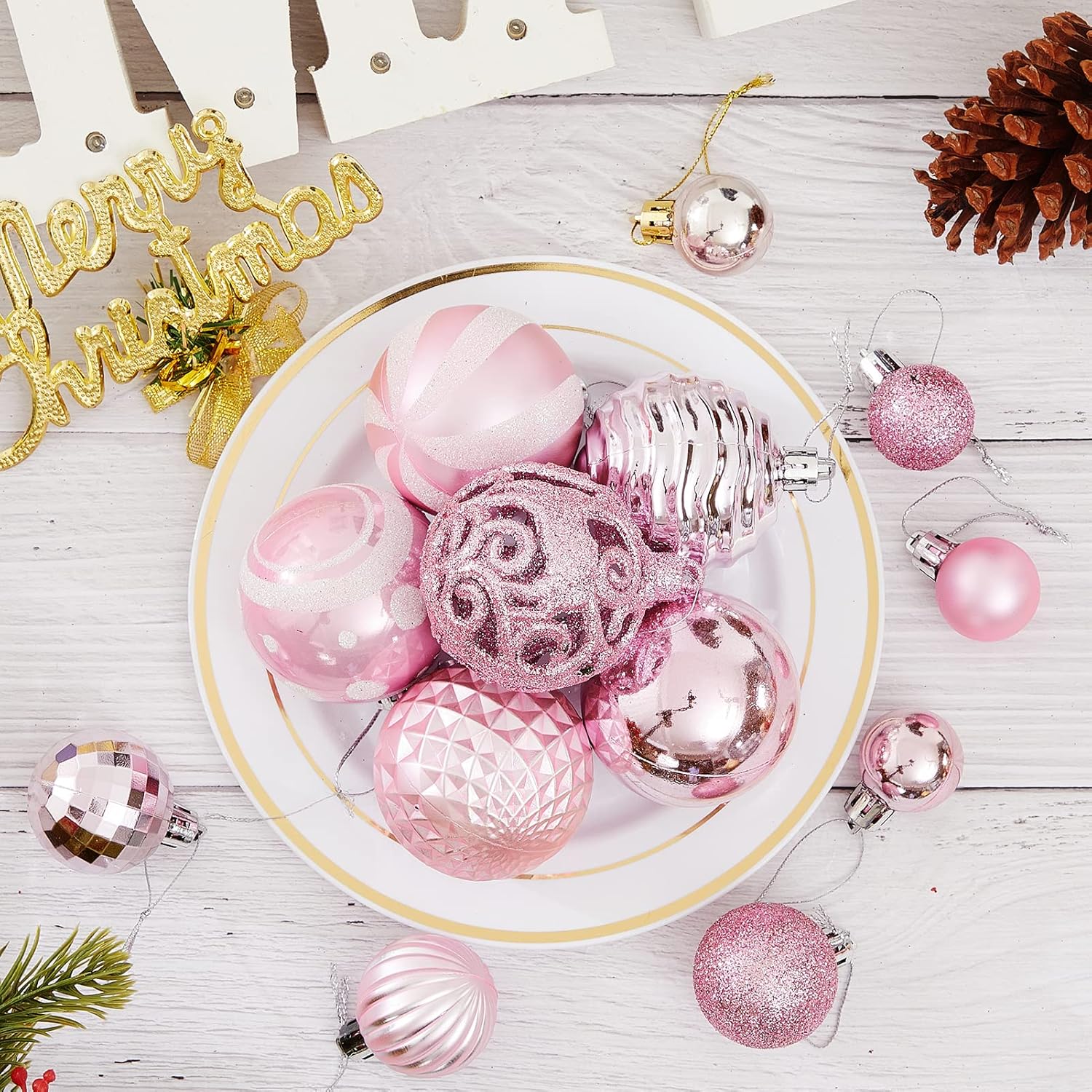 100PCS Christmas Ball Ornaments, Assorted Shatterproof Christmas Tree Decorations, Seasonal Decorative Hanging Baubles Decor Set for Xmas/Holiday/Party, Glitter&Painting Ornament Set (Pink)