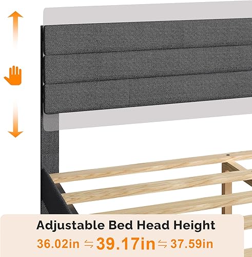 Miniatura 3 de VINGLI Base de cama de plataforma tamaño Queen con cabecera de tela de lino, cama moderna de perfil bajo con soporte de listones tapizados y Gris