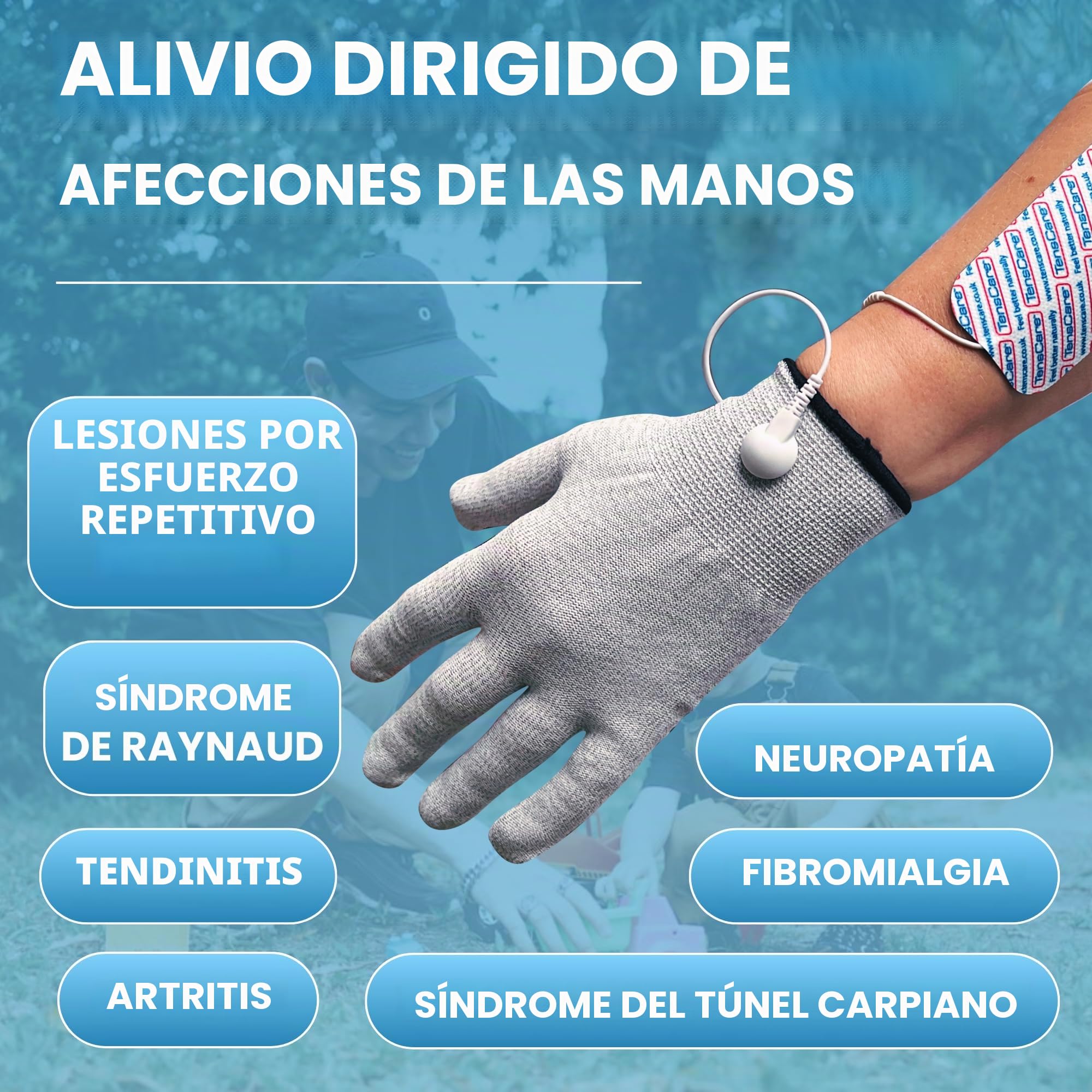 Tenscare Perfect TENS + Guante - Dispositivo de alivio del dolor + Guantes conductores (perfecto para artritis y artrosis) Talla L | Guante conductor reutilizable talla L, compatible con dispositivos TENS y EMS para mano y muñeca