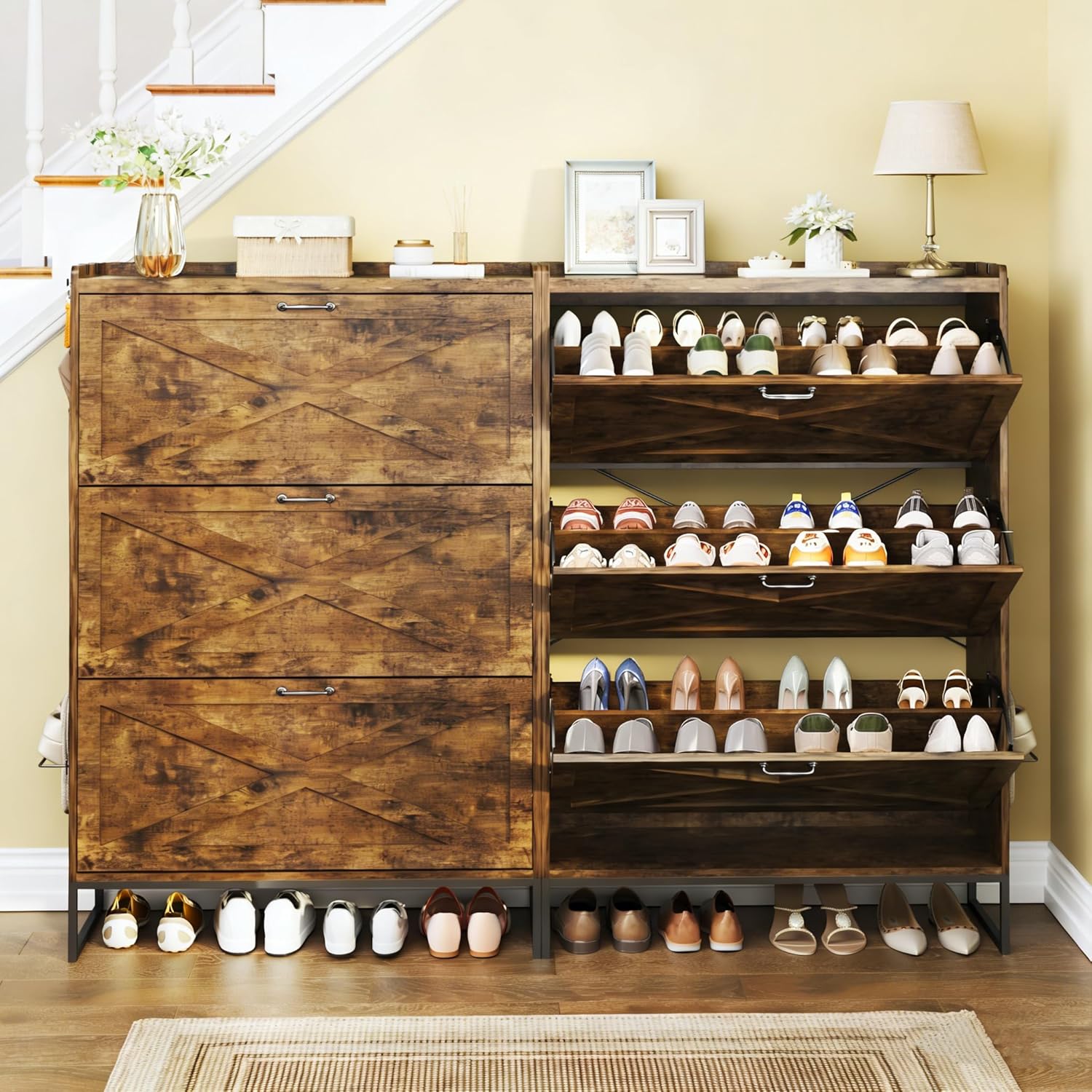 Shoe Cabinet with 3 Flip Drawers, Narrow Shoe Rack Cabinet, Freestanding Wood Shoe Cabinet, Farmhouse Shoe Storage Cabinets for Entryway, Hallway, Foyer, Rustic Brown