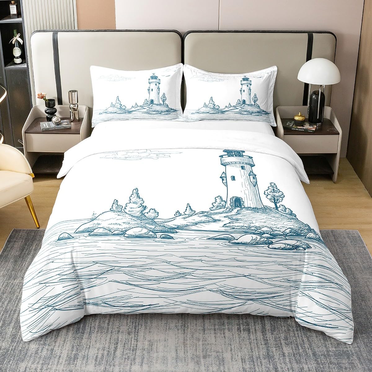 Homewish Baumwolle, Bettbezug 240 x 260 cm, Leuchtturm, nautische Bettwäsche, Meereslandschaft, Möwe, Welle, Bettbezug, Bergblätter, Zweige, Sommer, 2 Kissenbezüge