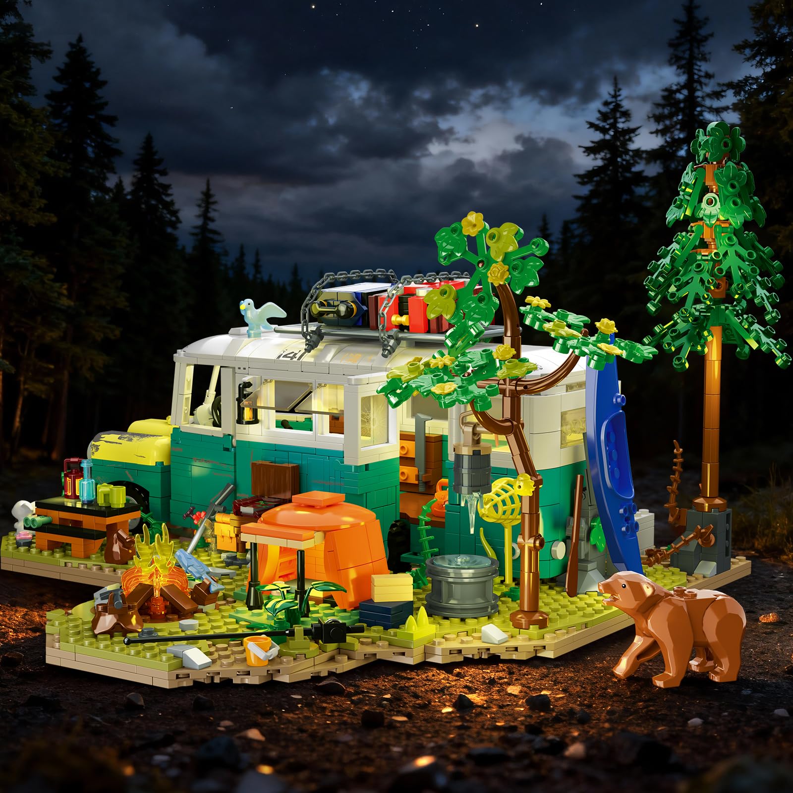 CUBIMANA Sets de Jeux de Construction de Bus Terre Sauvage avec lumière, Jouet de Camping avec Bus et Animaux Amovibles, décoration et présentoir créatifs, Cadeau pour Adultes et Adolescents 1392 pcs