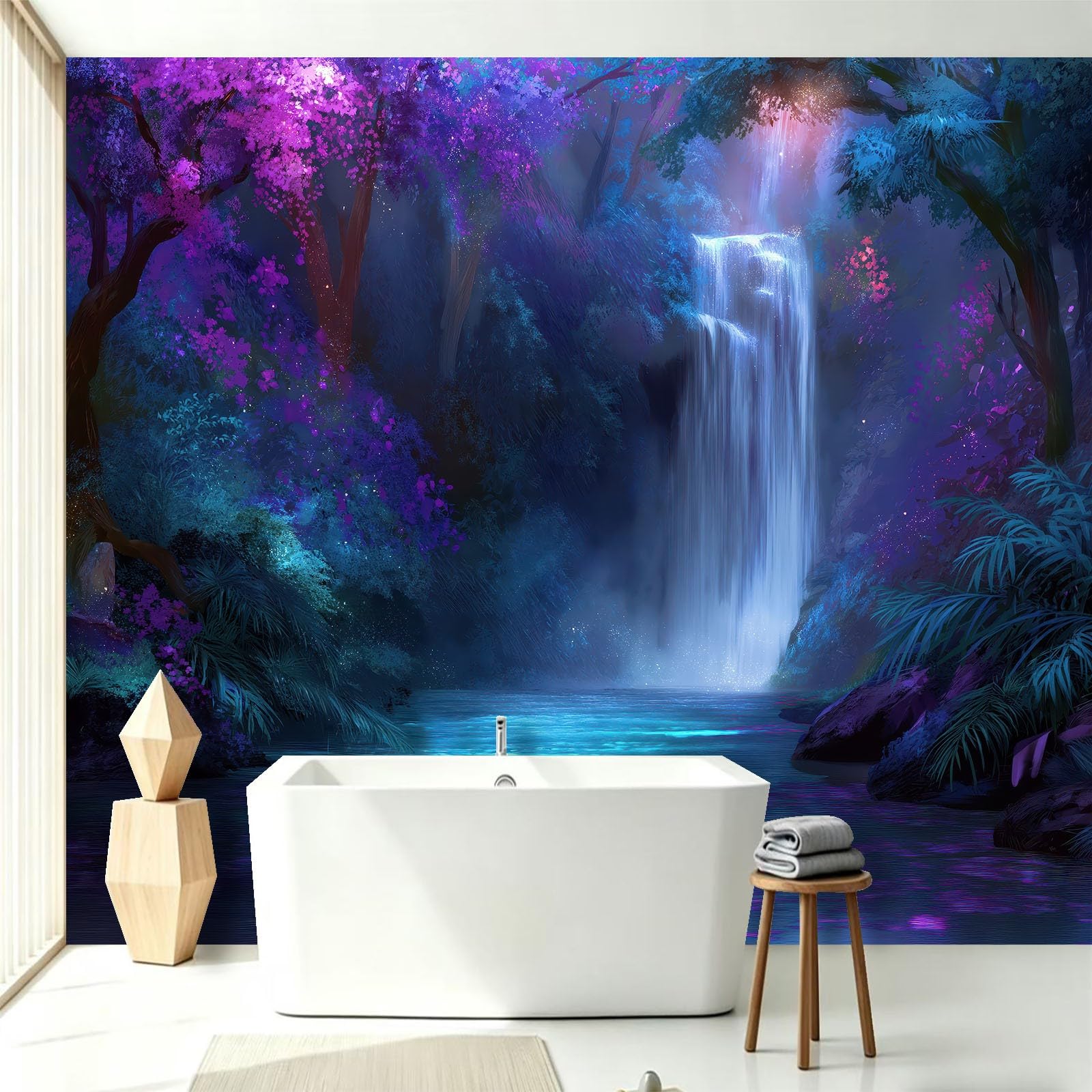 Fototapeta z włókniny 3D, las fantasy, 350 x 256 cm, tapeta z bajki, wodospad, jezioro, duża tapeta ścienna do salonu, pokoju dziecięcego, dla dziewcząt i chłopców, dekoracja ścienna