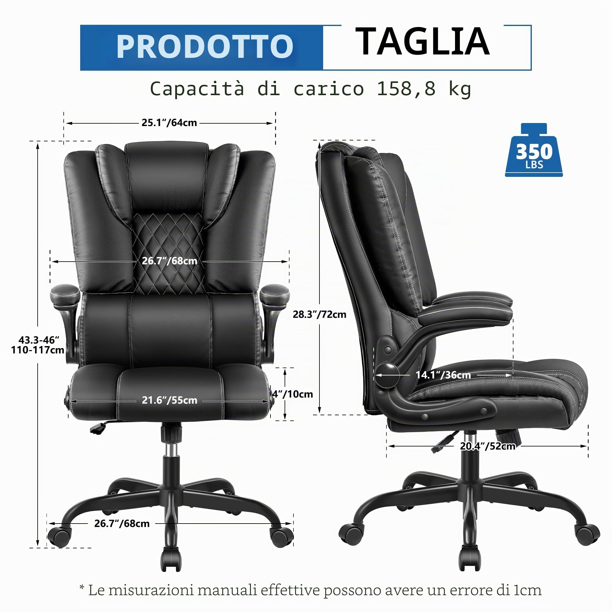sedia ufficio ergonomica, sedia ufficio direzionale con schienale regolabile e braccioli pieghevoli, sedia scrivania con schienale alto, rotazione a 360º e supporto lombare, nero