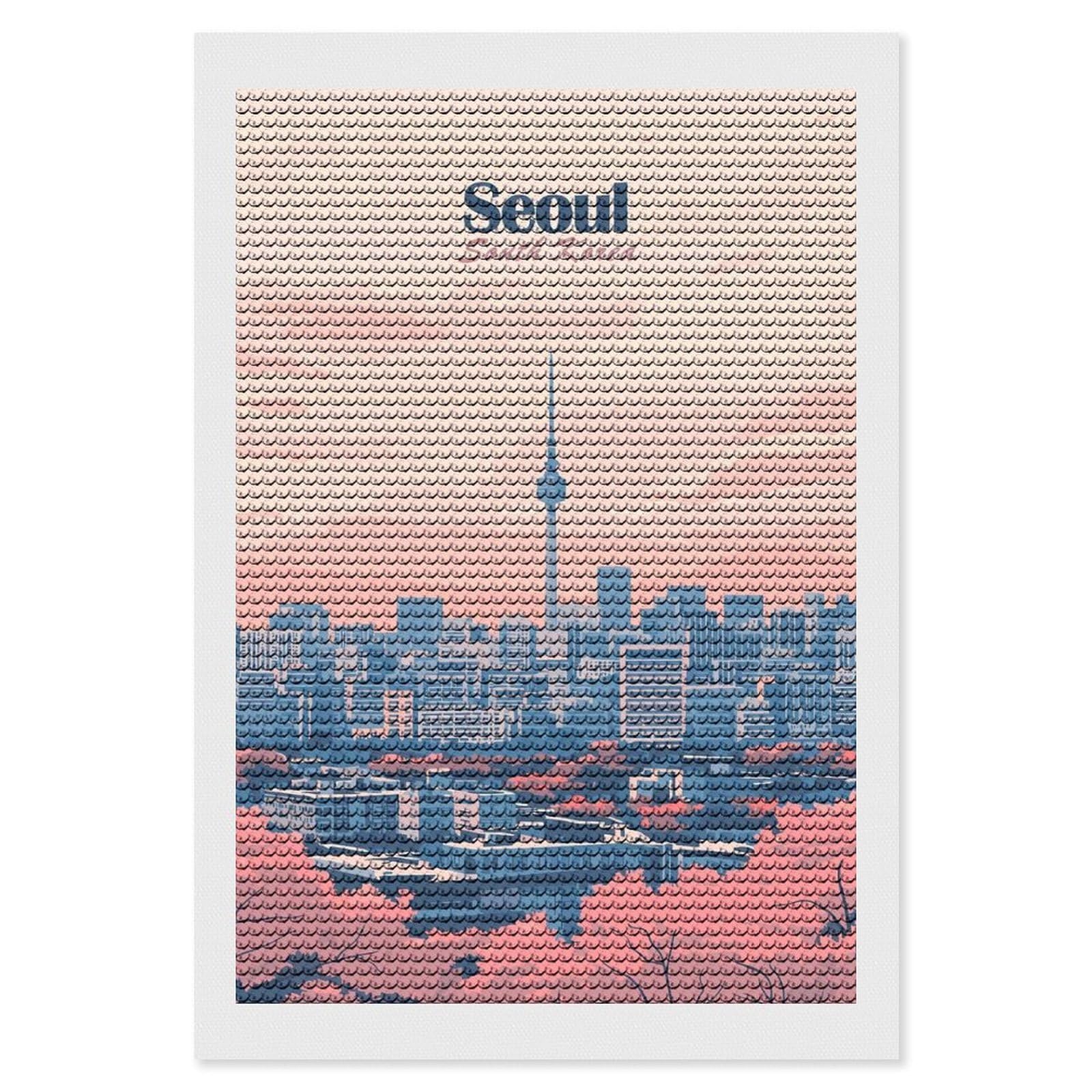 Junmoney Seoul Skyline Illustration Diamond Art Kit 8"x12", Gift Idea, for Family Craft Time, Mindful Craft Activity, Boho Decor, Relaxing DIY Hobby