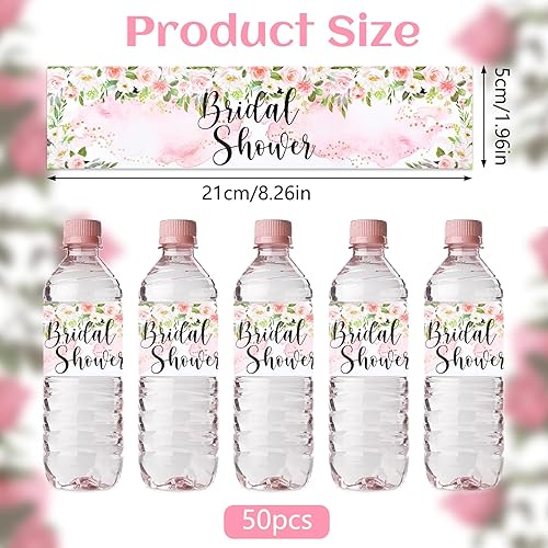 Miniatura 2 de 50 calcomanías para botellas de agua de boda y despedida de soltera con flores rosas, acabado mate, 8.26 x 1.96 pulgadas, 50 unidades