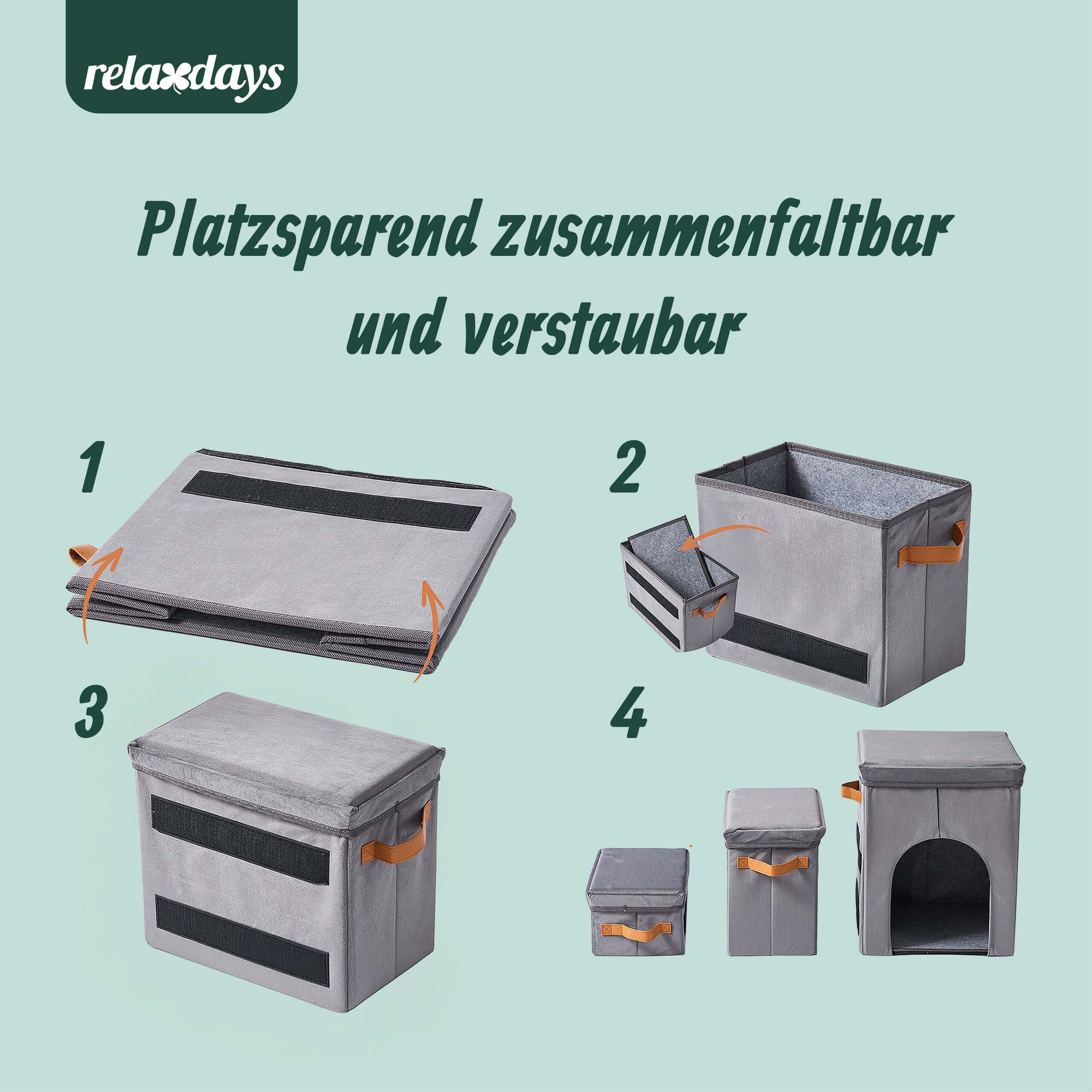Relaxdays Hundetreppe, 3 Stufen, Höhle & Stauraum, HxBxT: 44,5 x 78 x 33,5 cm, faltbar, Hunderampe Bett & Sofa, grau